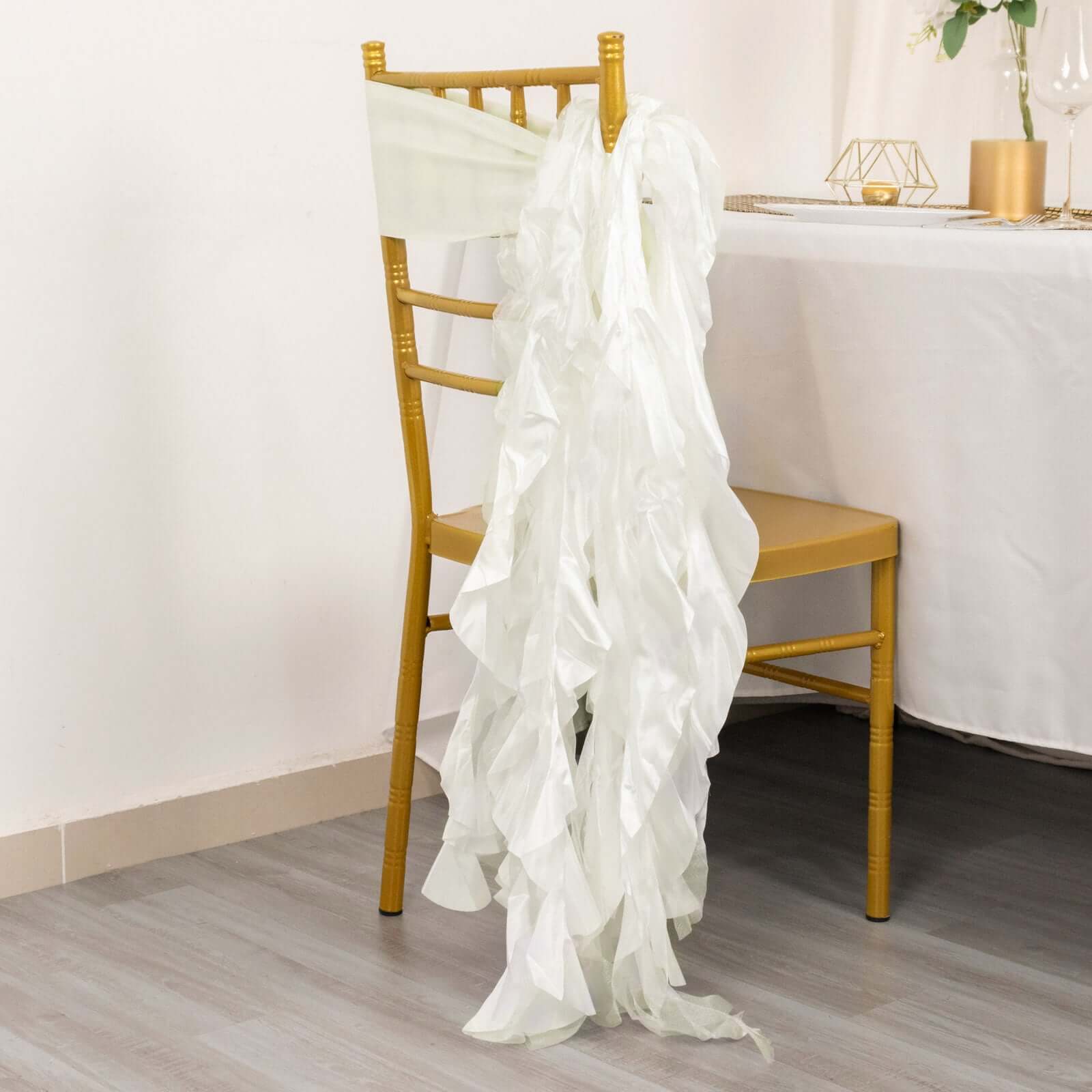 5 Pack Chiffon Satin Chair Sashes Ivory - Easy to Install Ruffled Curly Willow