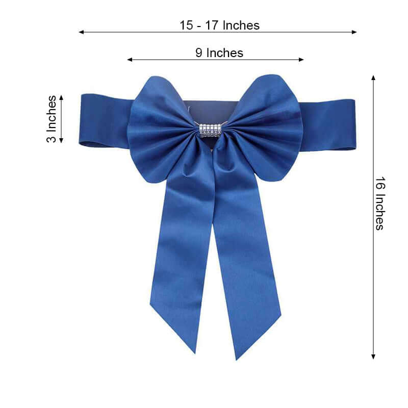 5 Pack Satin Faux Leather Chair Sashes Royal Blue - Durable Double Sided Pre-tied Bow Tie Chair Bands with Diamond Rhinestone Buckles