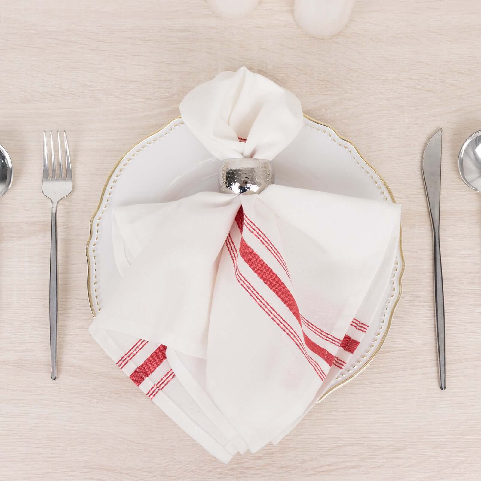 10 Pack Premium Spun Polyester 18x22 Napkins White/Red Bistro Style - Highly Absorbent Cotton-Like Feel Cloth Napkins