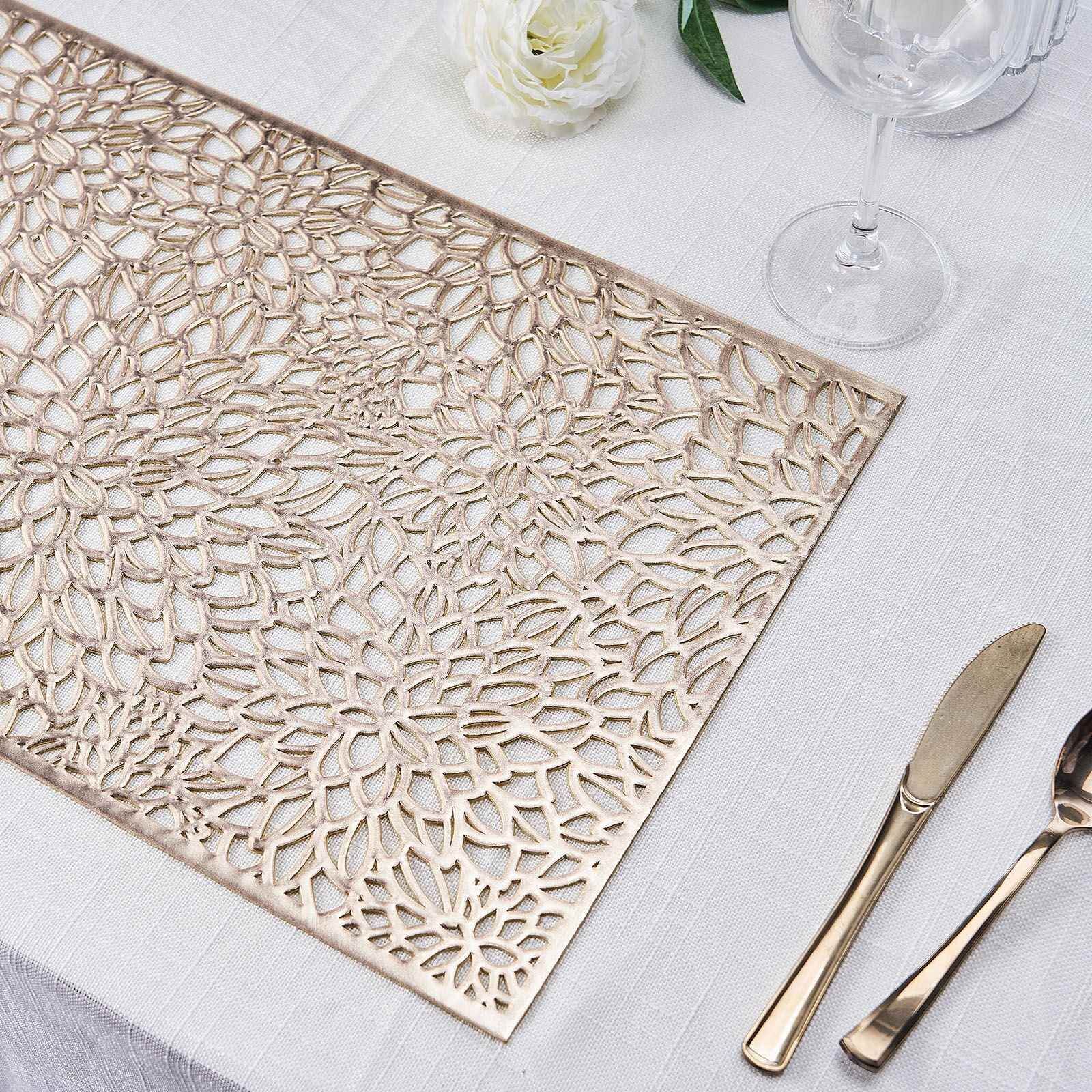 6-Pack Vinyl Placemats Gold Metallic with Floral Design - Stylish Non-Slip Rectangle Table Mats 12x18