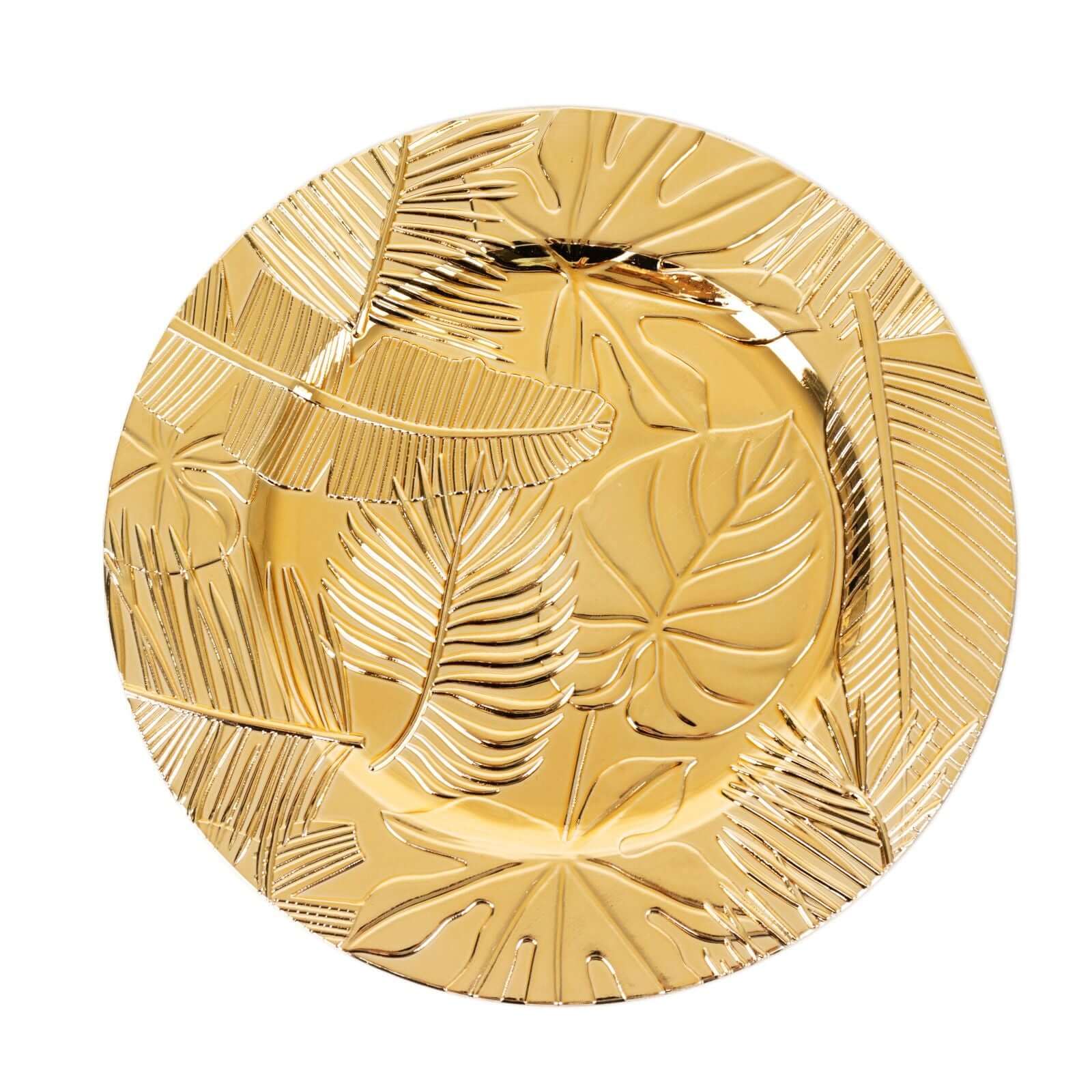 6-Pack Acrylic Round Charger Plates 13 in Metallic Gold with Embossed Tropical Leaves, Decorative Dinner Charger Tableware