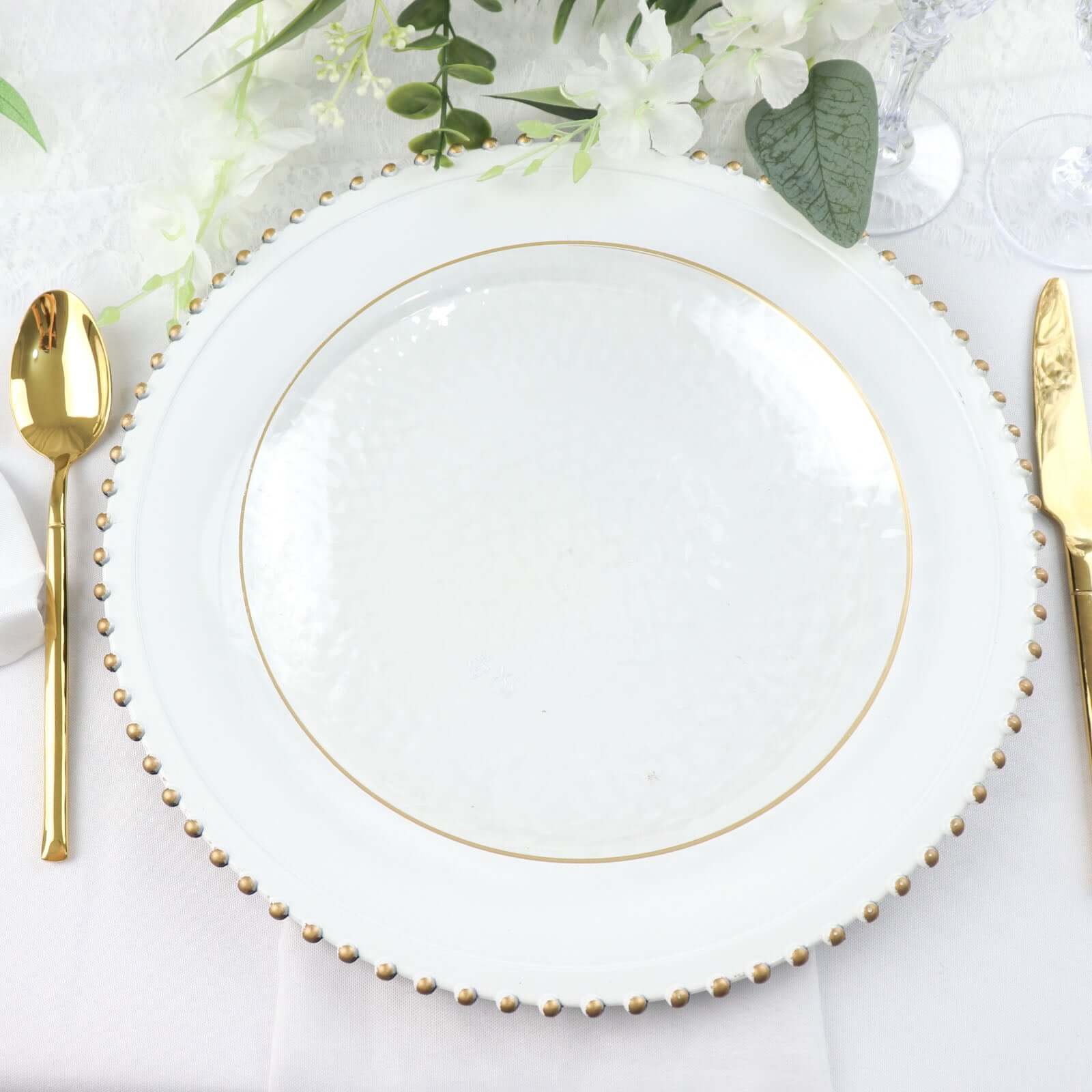 10-Pack Plastic 9 Round Dinner Plates in Clear Hammered Design with Gold Rim - Modern Disposable Party Plates for Events & Banquets