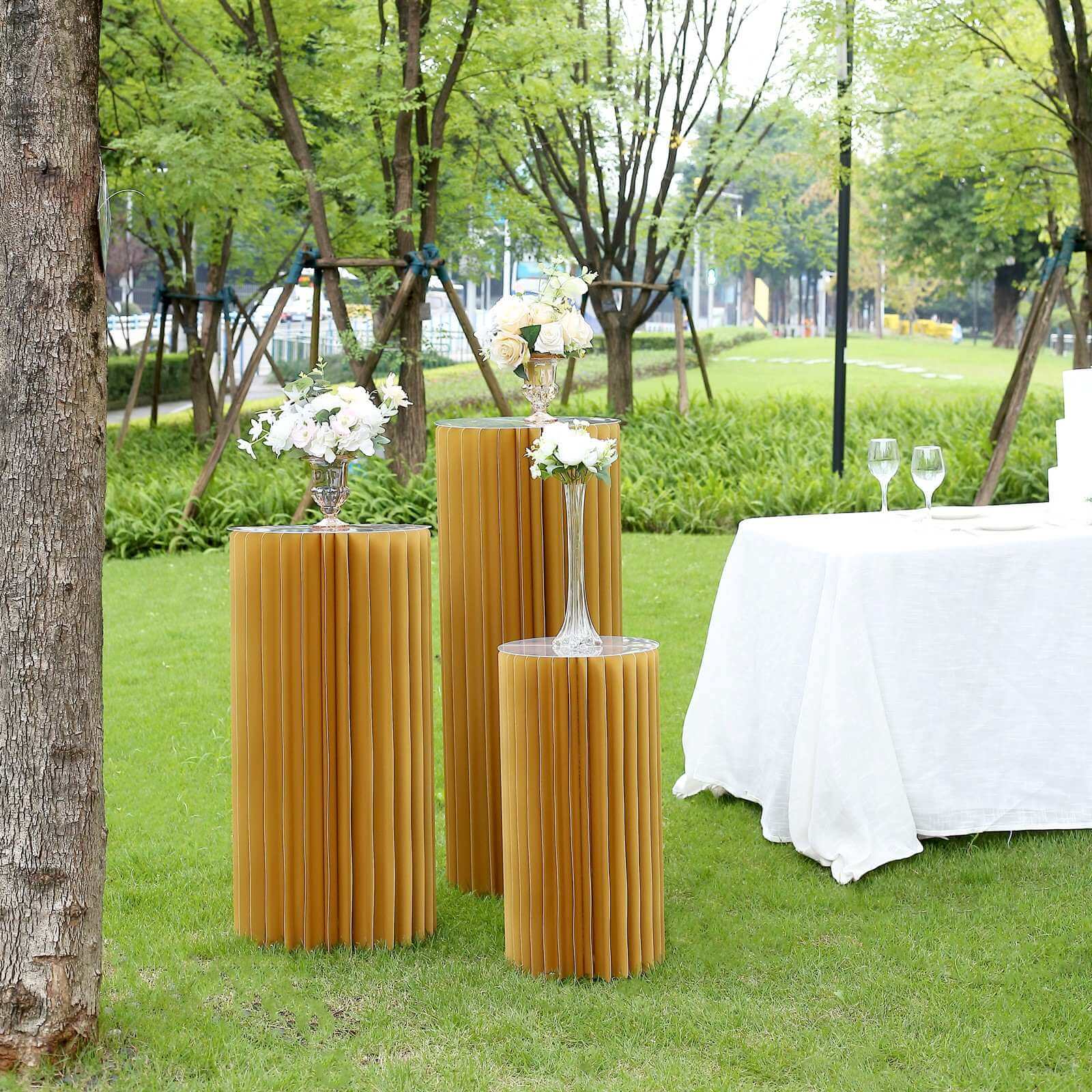 24 Gold Cylinder Display Column Stand, Pillar Pedestal Stand With Top Plate