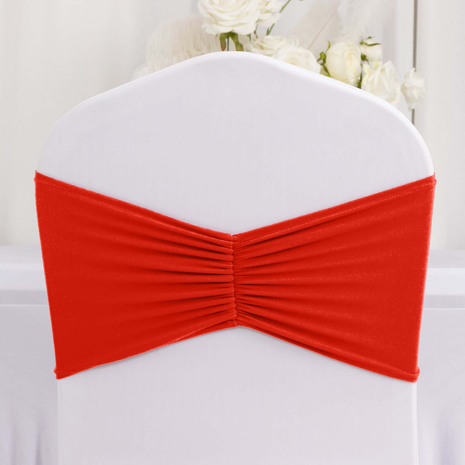5 Pack Spandex Chair Sashes Red Ruffled Style - Wide Easy to Use Stretch Chair Bands 8x13