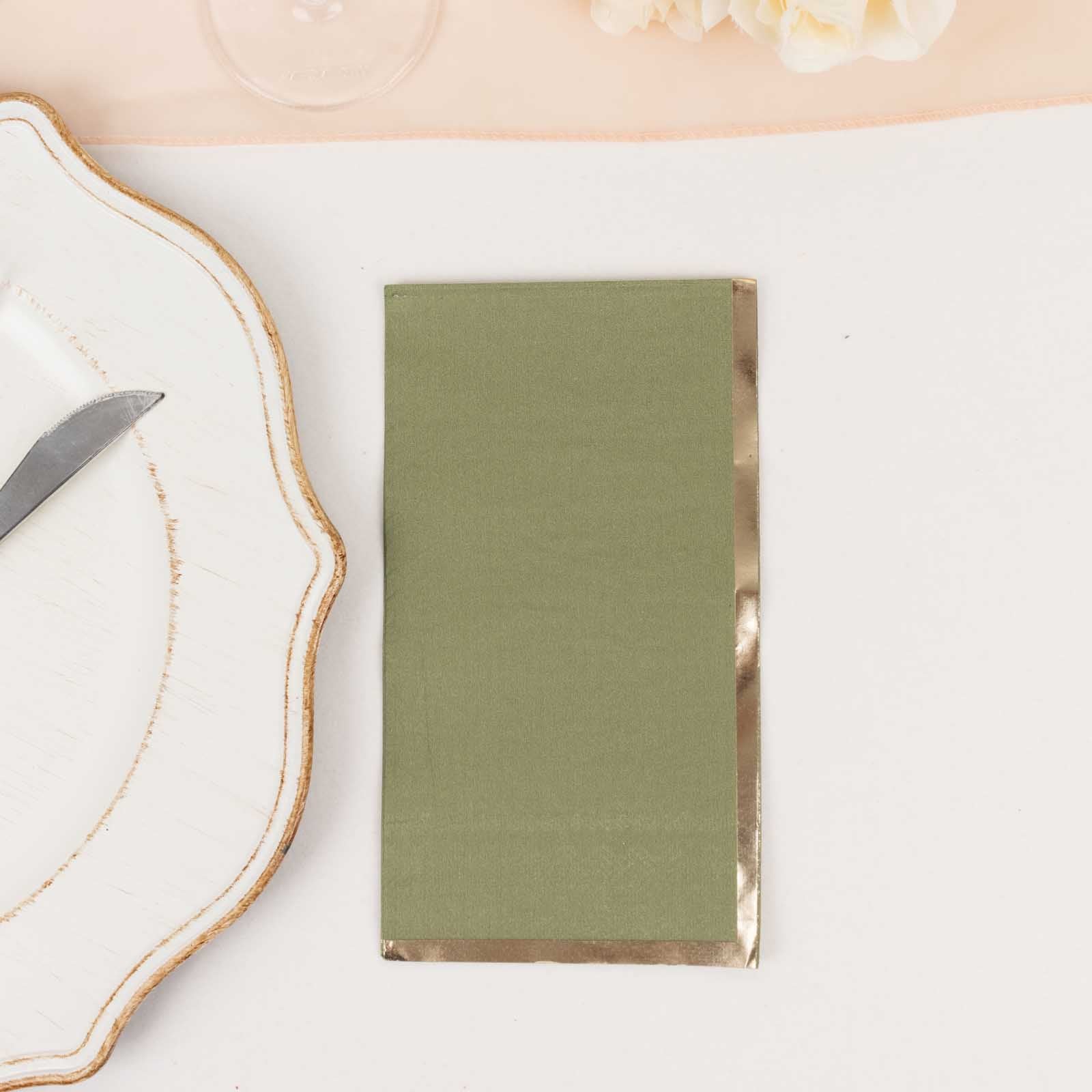 50-Pack Paper Dinner Napkins Olive Green with Gold Foil Edge 2 Ply - Stylish Disposable Napkins