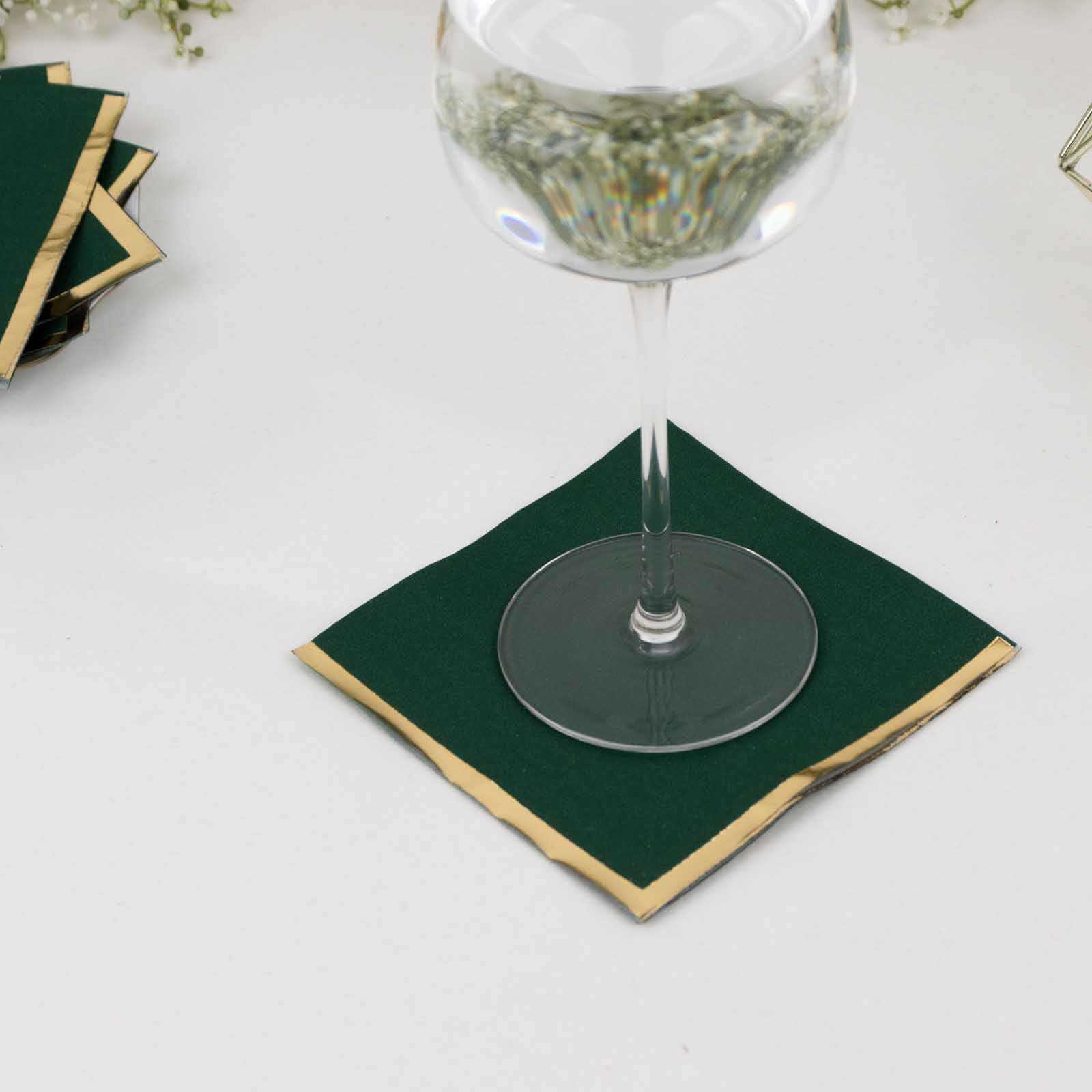 50-Pack Paper Beverage Napkins Hunter Emerald Green with Gold Foil Edge - 2 Ply Disposable Soft 18GSM Cocktail Napkins 5x5