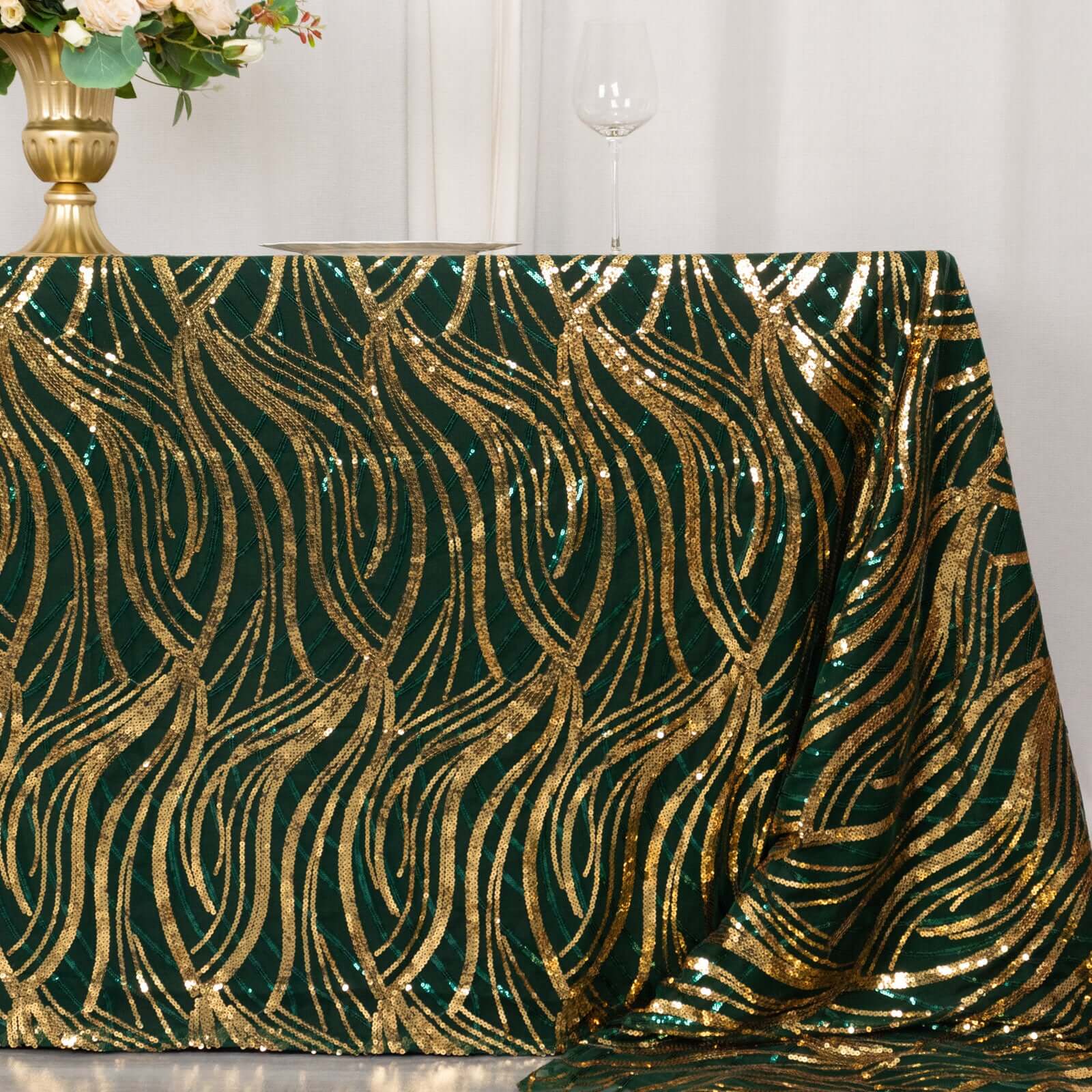 Mesh 90x156 Rectangle Tablecloth Hunter Emerald Green/Gold - Wave Sequin Embroidered Table Cover