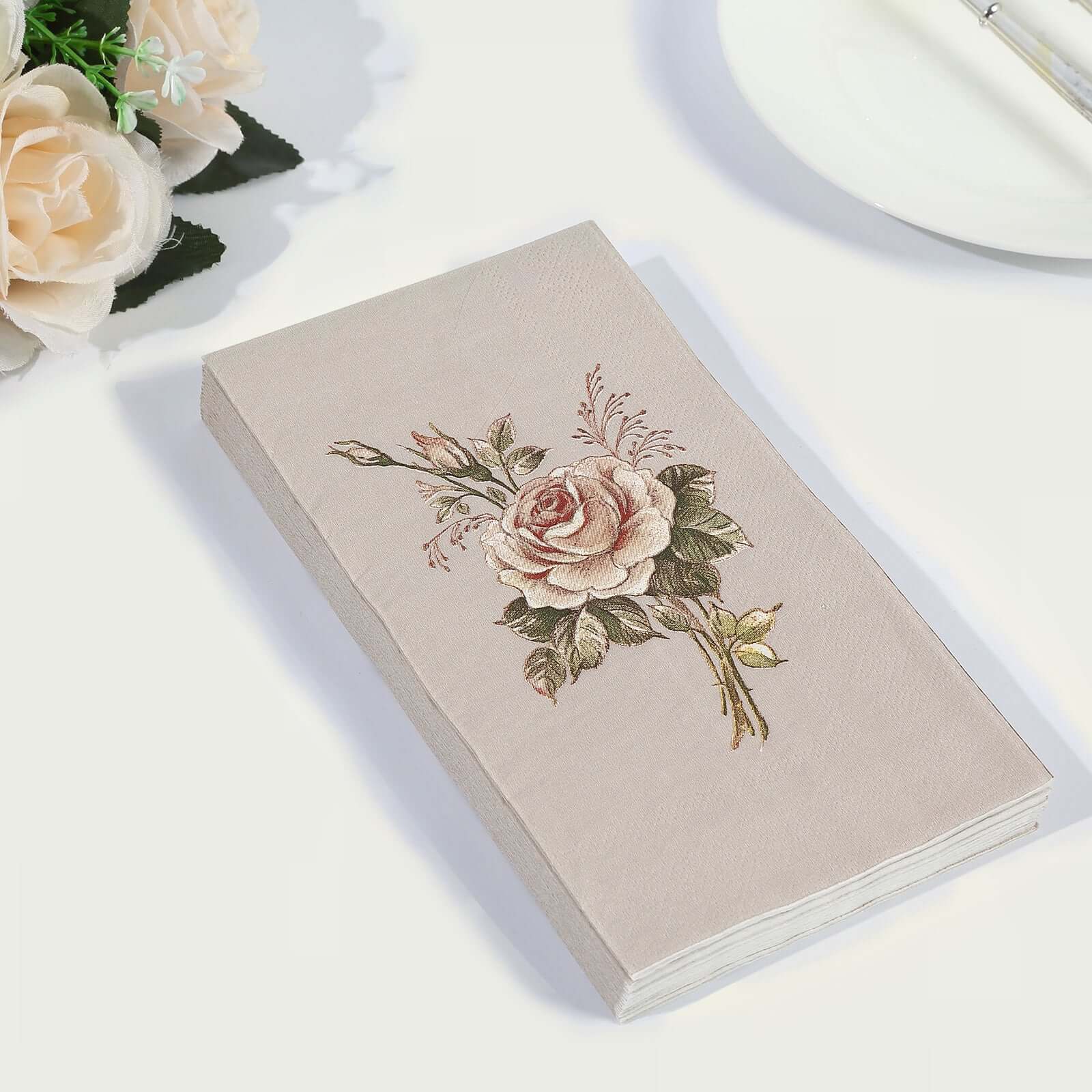 20-Pack Paper Dinner Napkins Ivory with Vintage Pink Rose Print 2 Ply - Stylish Boho Napkins for Events