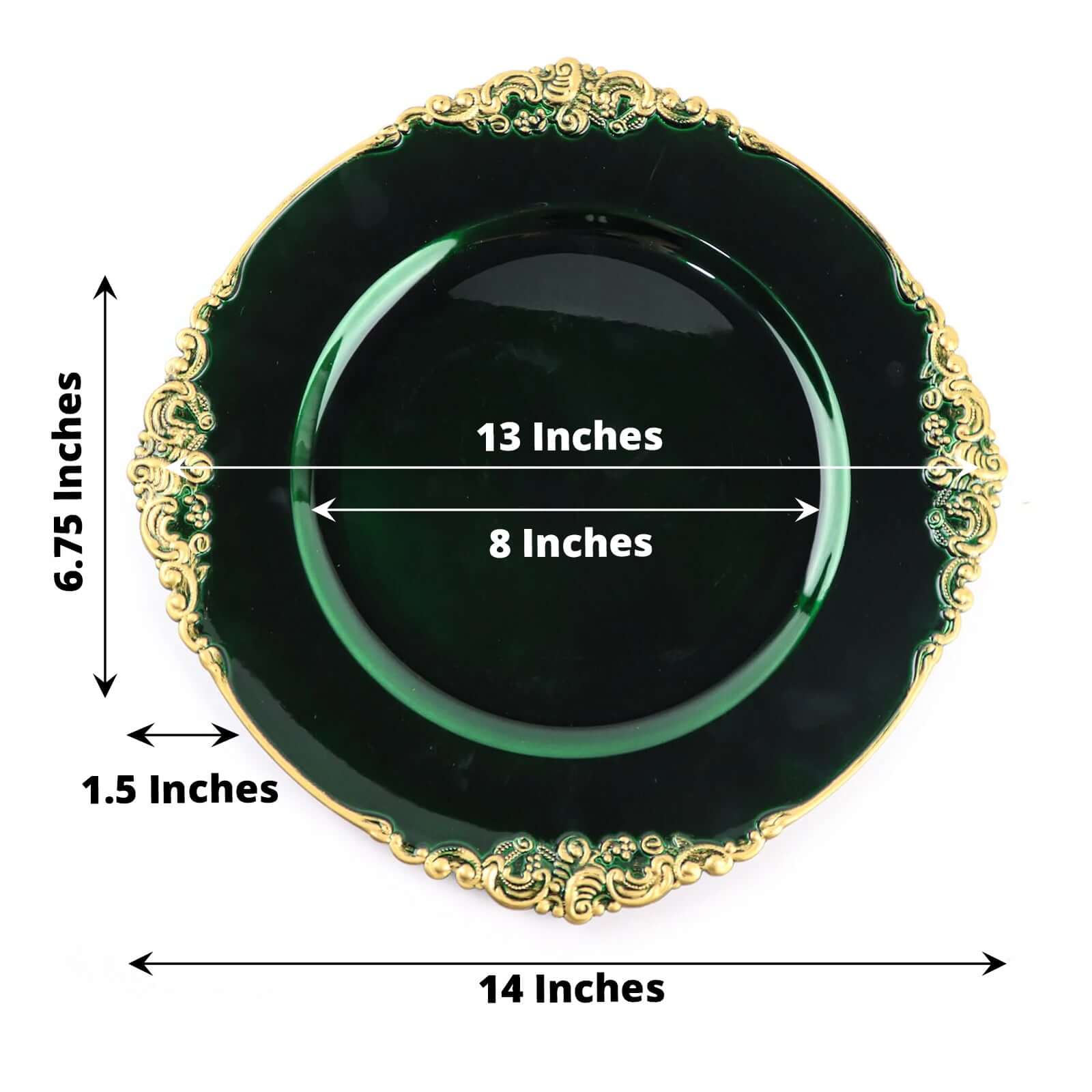 6-Pack Acrylic Round Charger Plates 13 in Hunter Emerald Green with Gold Embossed Baroque Rim, Antique Decorative Dinner Party Charger Tableware