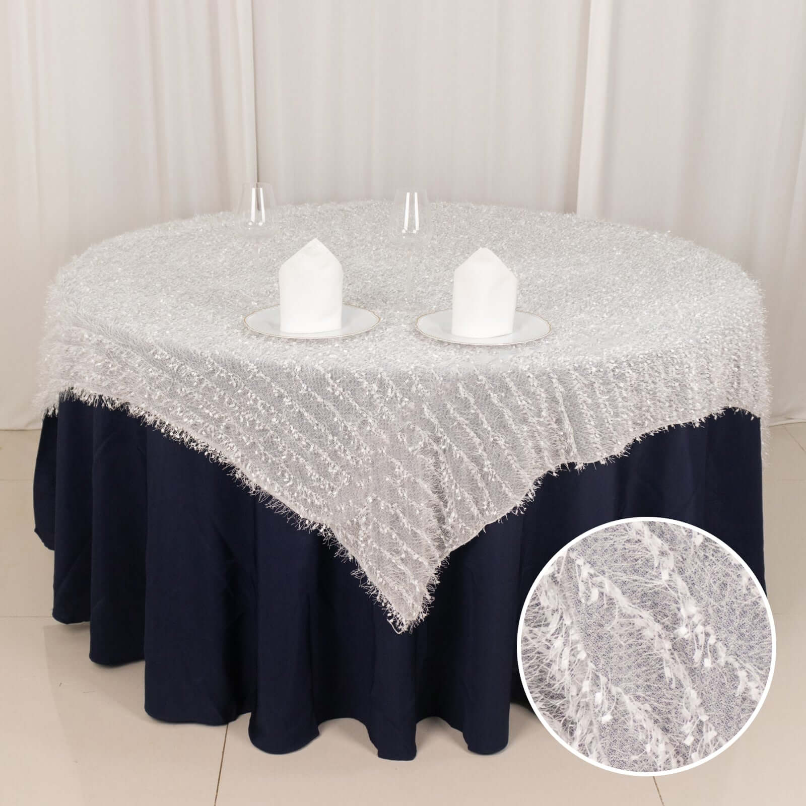 Polyester 72x72 Table Overlay Square Tablecloth White Fringe Shag Design for Stylish Celebrations