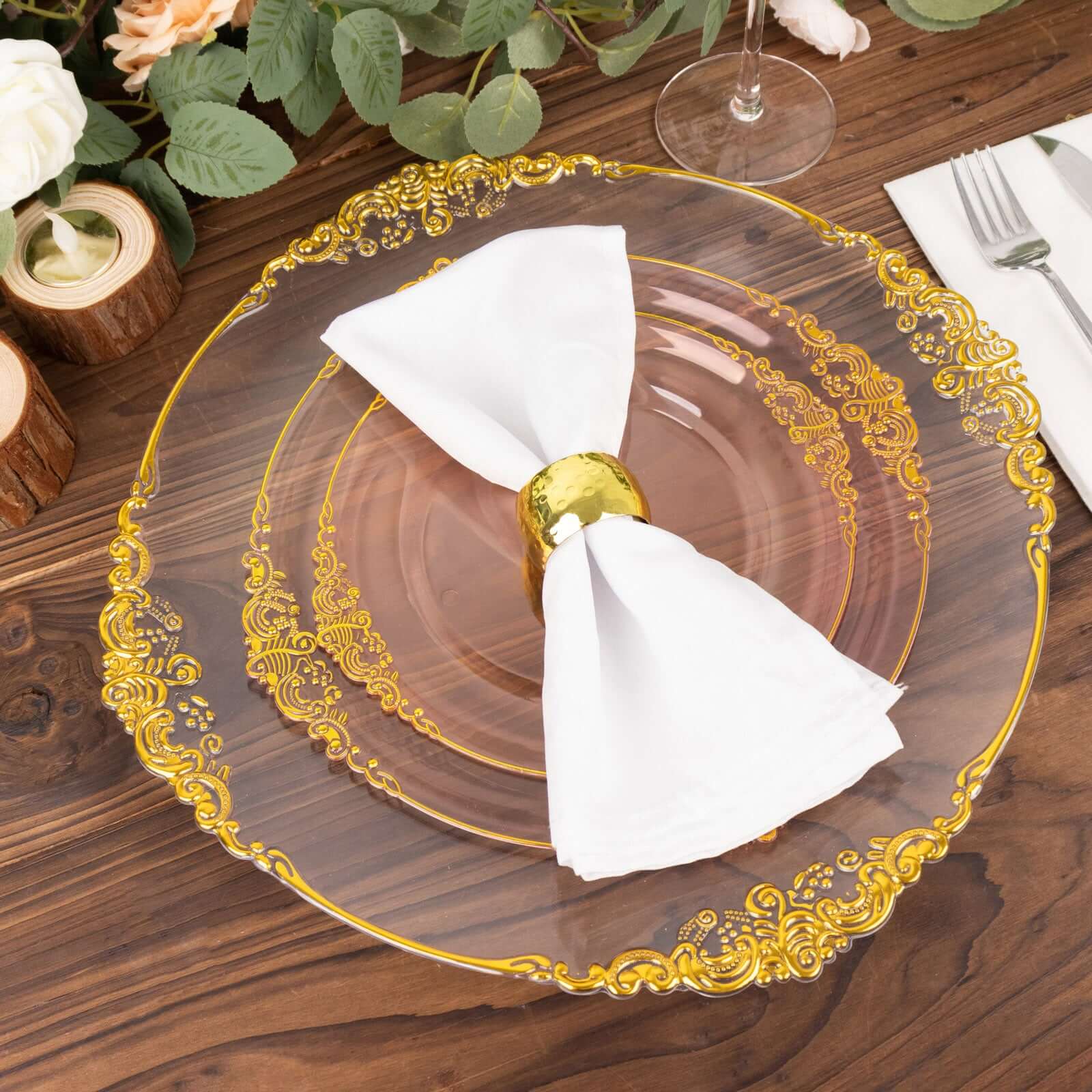 10-Pack Plastic 10 Round Dinner Plates in Transparent Blush with Gold Leaf Embossed Rim - Disposable Vintage Baroque Style Plates