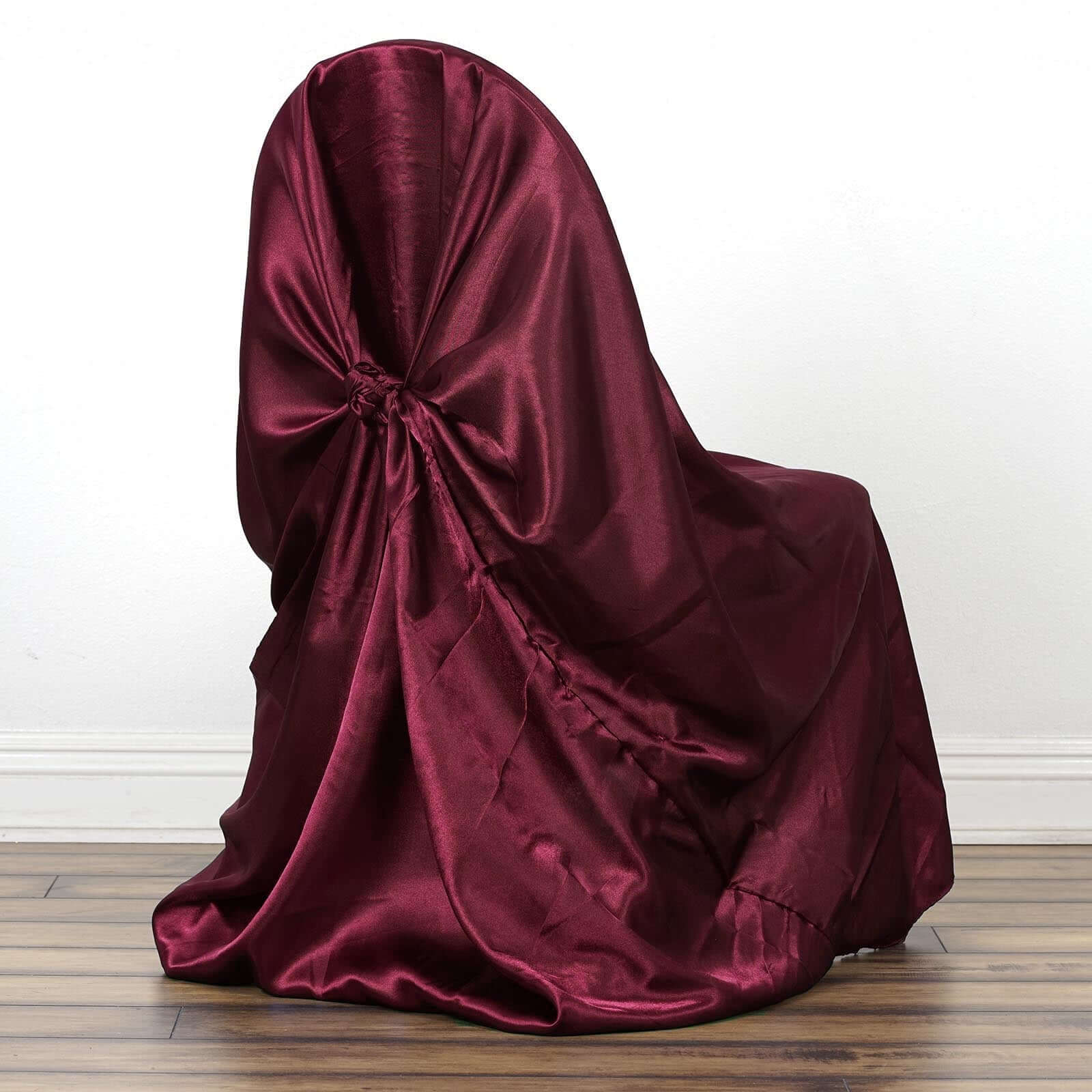 Satin Chair Cover Self-Tie Universal Design Burgundy - Durable Slip-On Cover for Folding, Dining, Banquet & Standard Chairs