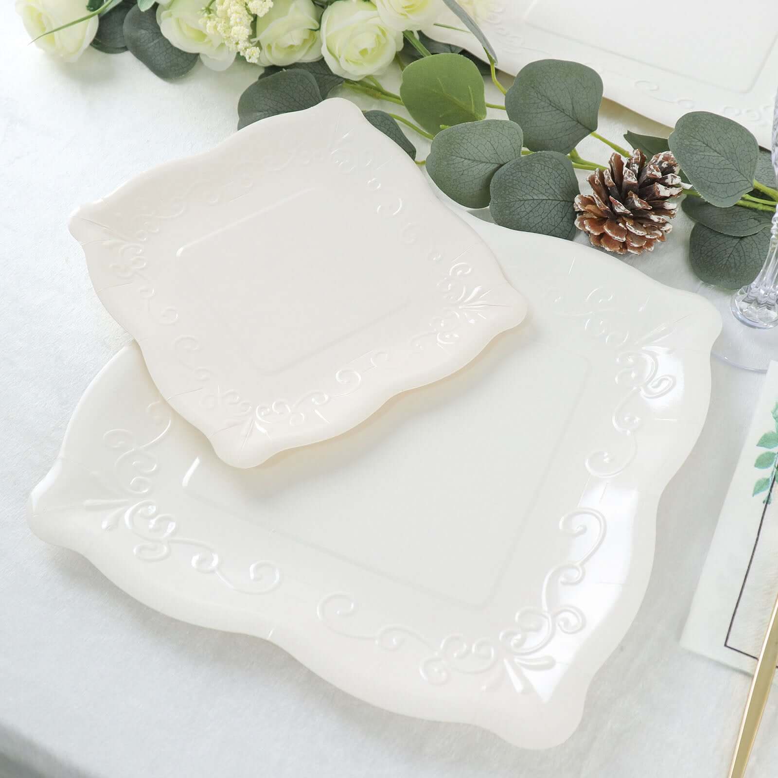 25-Pack Paper 7 Square Dessert Plates in White with Vintage Pottery Embossed Design - Shiny Disposable Appetizer Plates