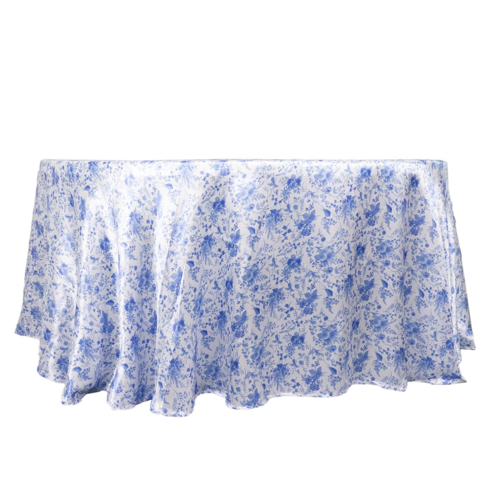 Satin Round 120 Tablecloth White/Blue French Toile Design - Seamless Stylish & Wrinkle-Resistant Table Cover