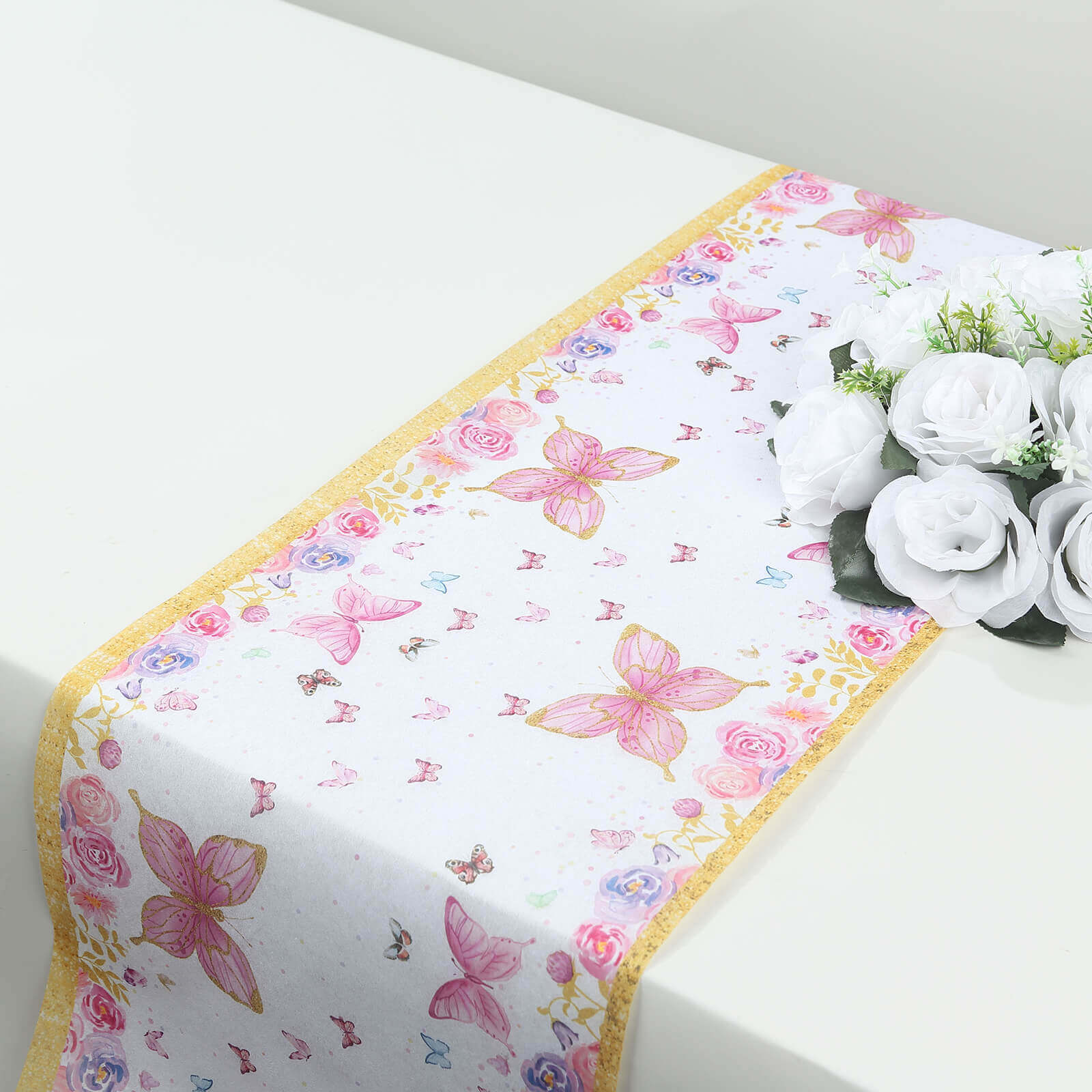 5 Pack Disposable Table Runners 11x108 White with Pink Butterflies - Non-woven Stylish Spring Summer Dining Decor