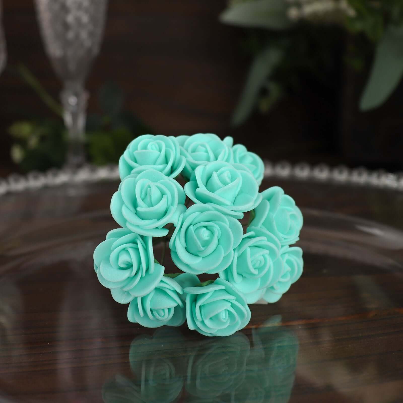 48 Roses 1 Turquoise Real Touch Artificial DIY Foam Rose Flowers With Stem, Craft Rose Buds