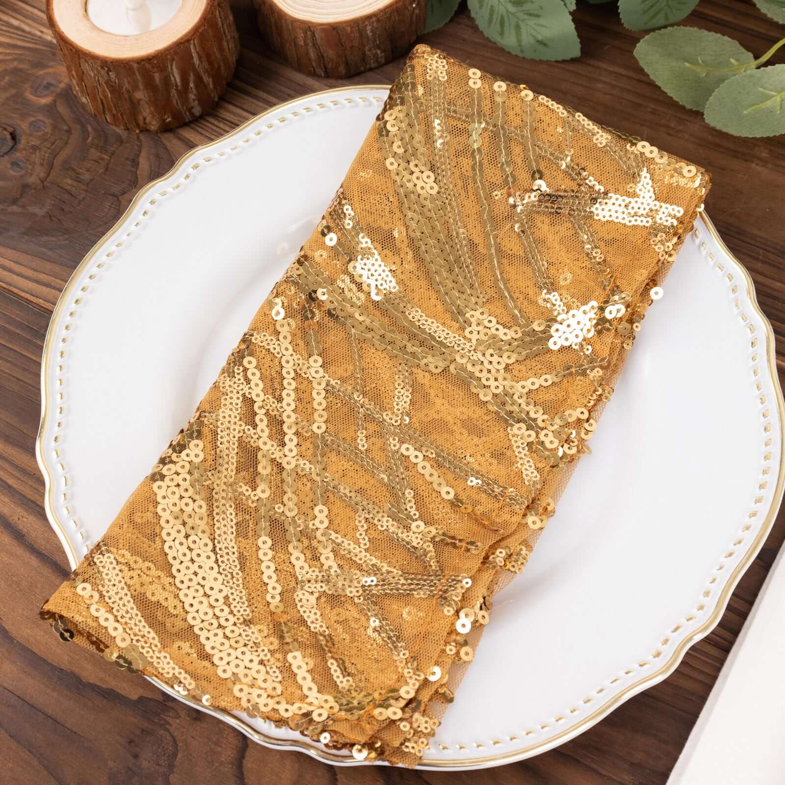 Sequin Mesh 20x20 Napkin Gold - Wave Embroidered Reusable Cloth Napkin for Glitzy Table Settings