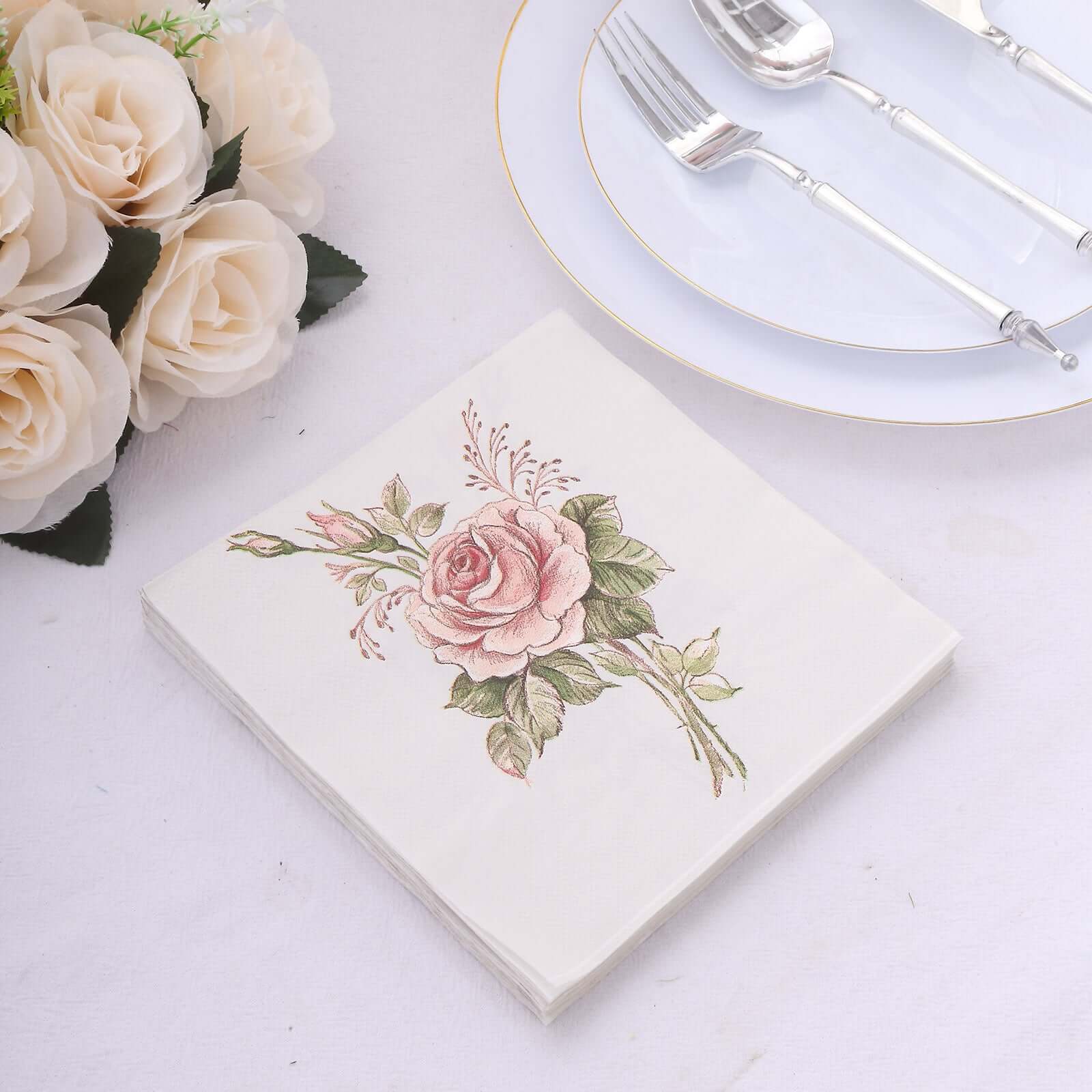 50-Pack Paper Beverage Napkins with Pink Floral Design Ivory - 2 Ply Soft 18GSM Rose Garden Wedding Napkins 6.5x6.5