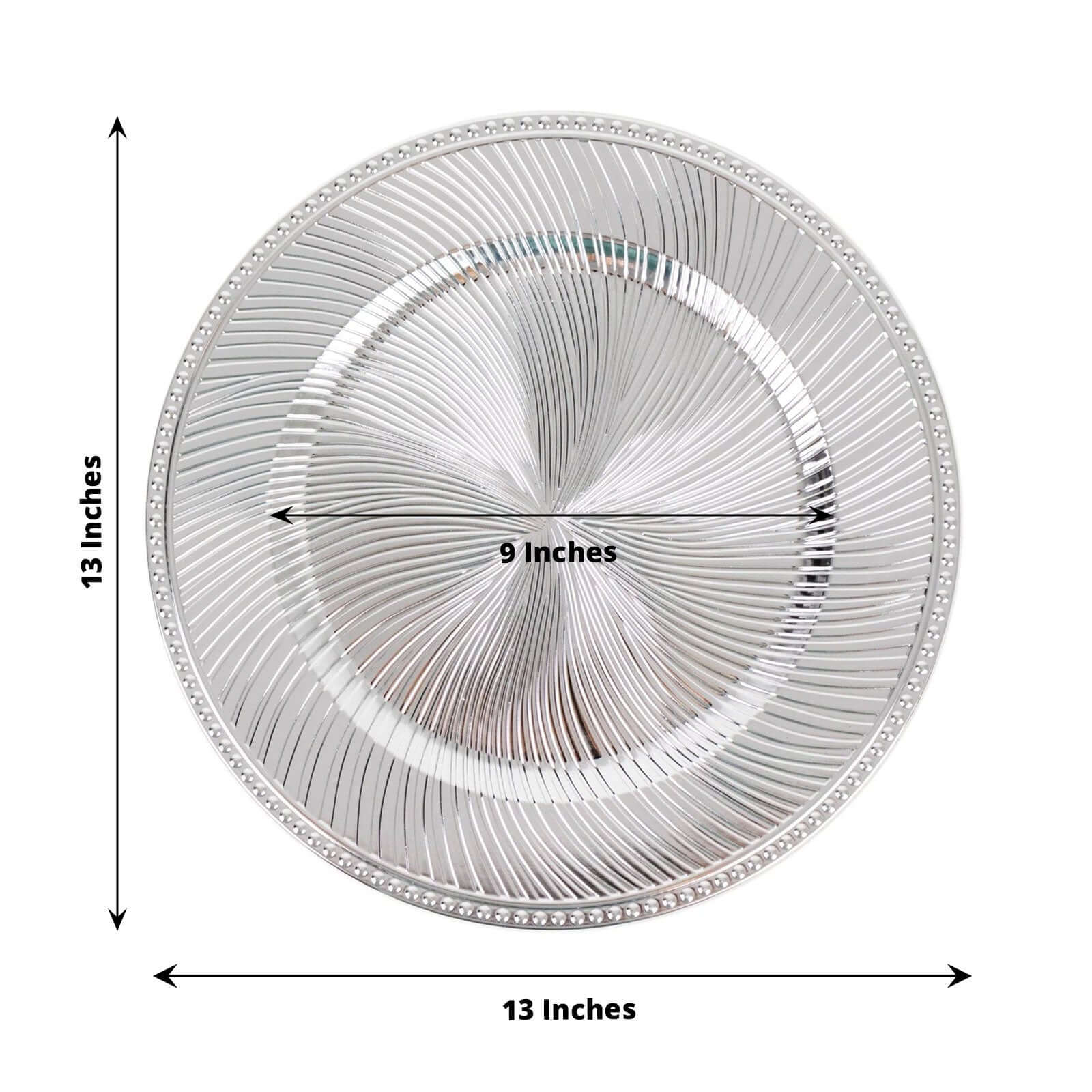 6-Pack Acrylic Round Charger Plates 13 in Metallic Silver Swirl Pattern with Beaded Rim, Plastic Decorative Dinner Party Charger Tableware