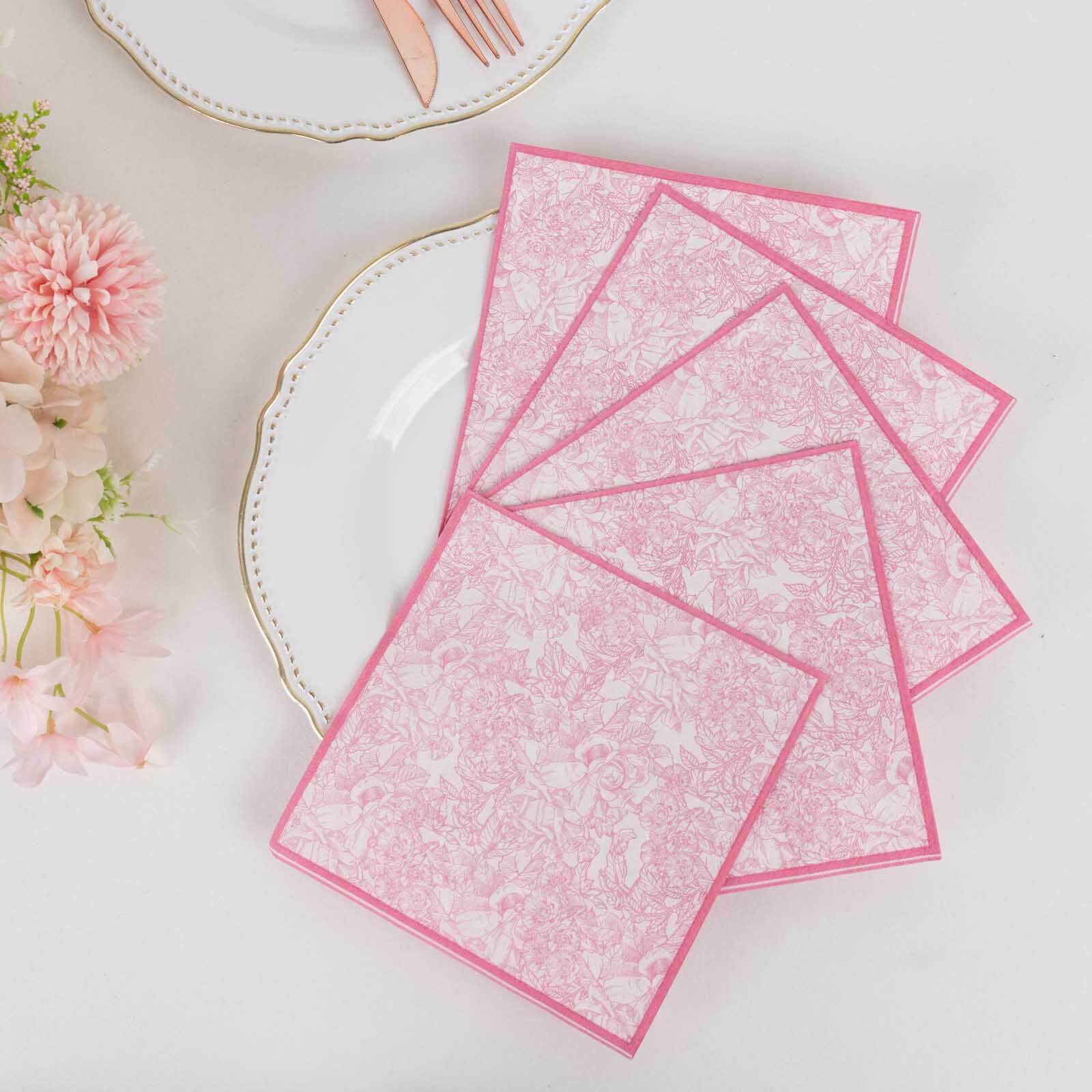 25-Pack Paper Cocktail Napkins with French Toile Print White/Pink - Highly Absorbent 2 Ply Disposable Napkins 5x5