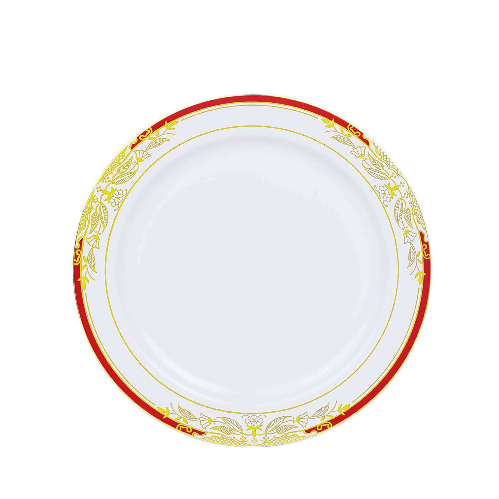 10 Pack White With Red Rim 10 Plastic Dinner Plates, Round With Gold Vine Design