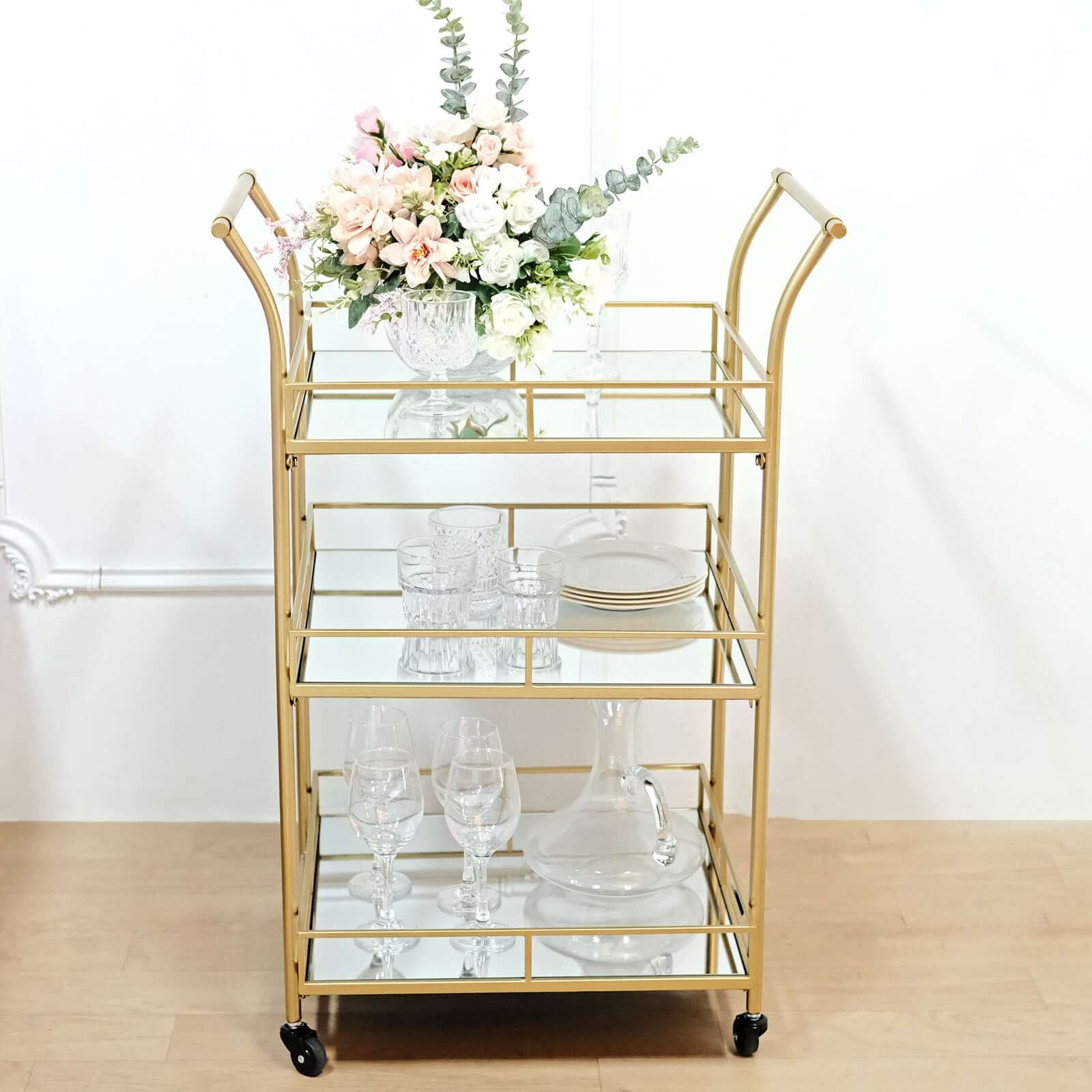 Gold Metal Bar Cart with Mirror Serving Trays 3-Tier - Teacart Island Trolley for Parties 3ft