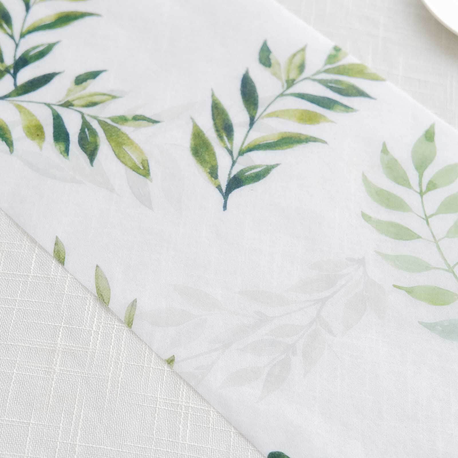 Disposable Table Runner 11x108 White with Green Olive Leaves Print - Non-woven Stylish Spring Summer Dining Decor