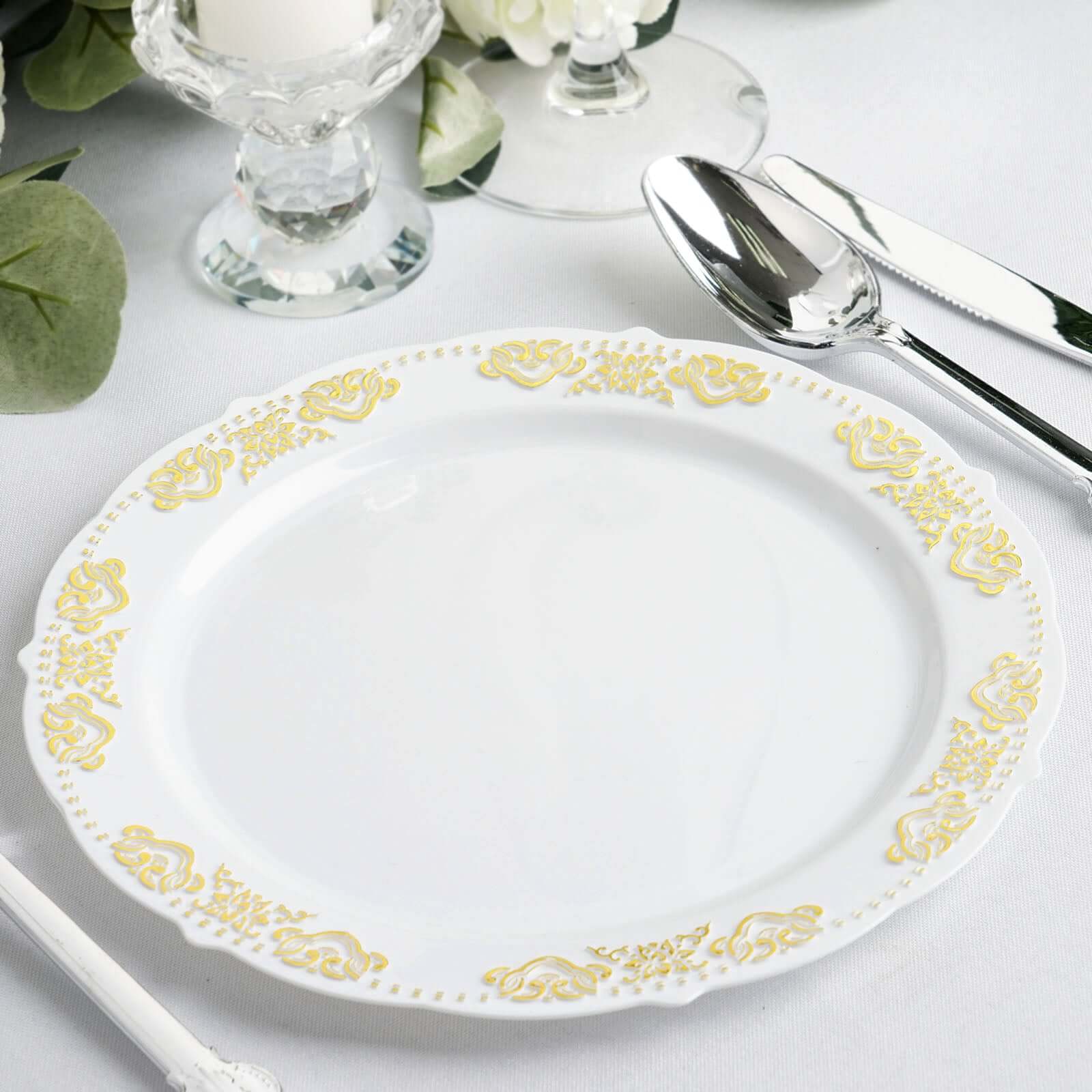 10-Pack Plastic 7.5 Round Appetizer Plates in White with Gold Embossed Scalloped Edge - Chic Disposable Salad Plates for Special Occasions & Banquets