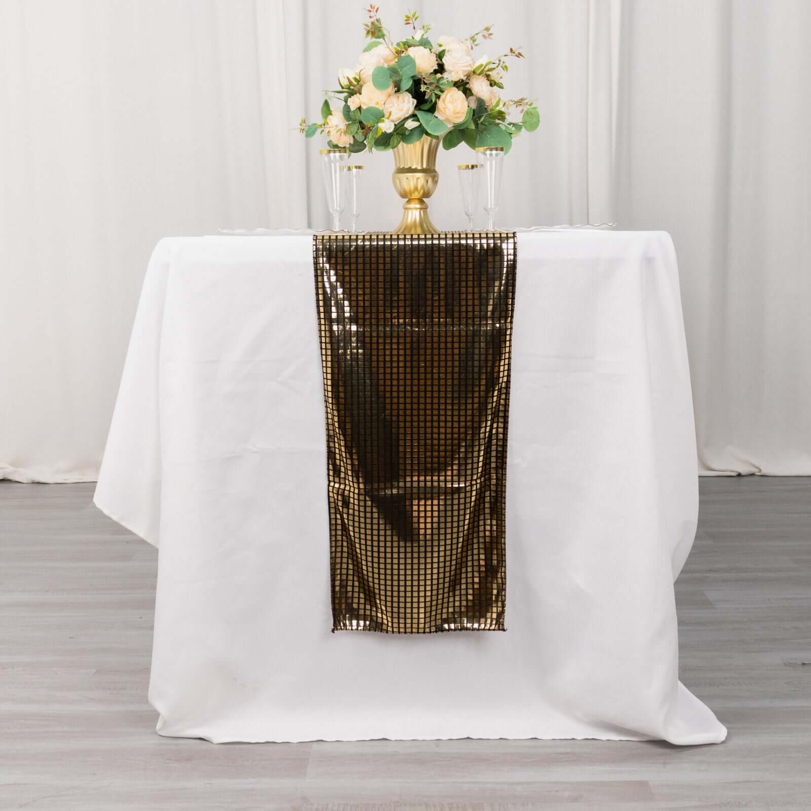 Mirror Foil Polyester 12x108 Table Runner Black with Gold Metallic Square - Shiny Disco Theme Party Table Decor