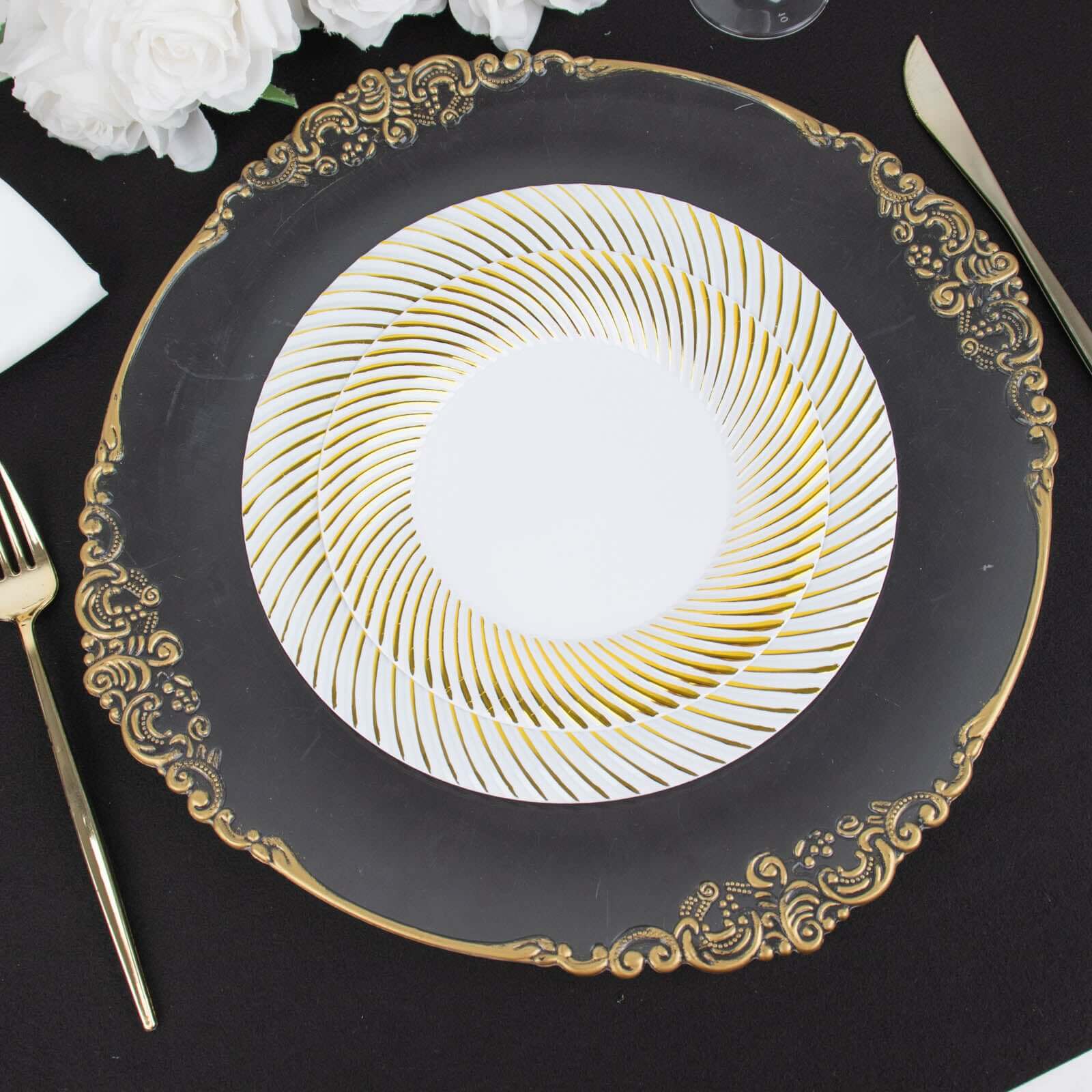 10-Pack Plastic 9 Round Dinner Plates White with Gold Swirl Rim - Disposable Party Plates