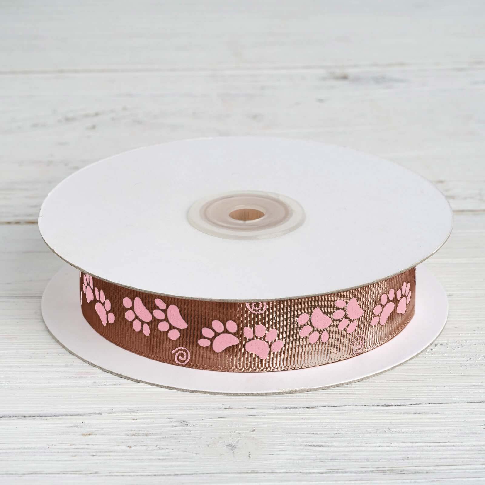 25 Yards 7 8 Chocolate Brown Pink Paw Print Satin Ribbon