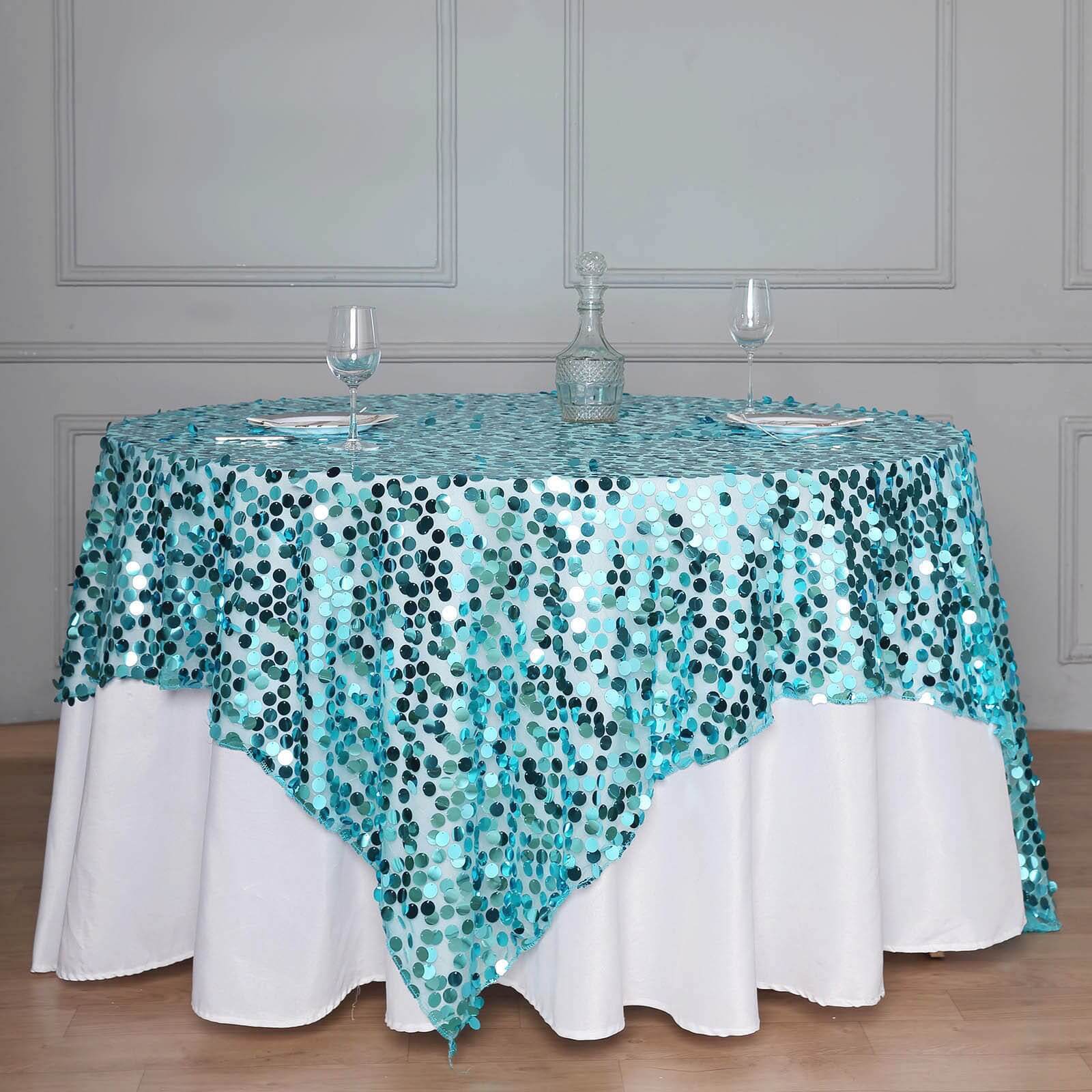 Sequin 72x72 Table Overlay Square Tablecloth Turquoise - Big Payette Table Cover