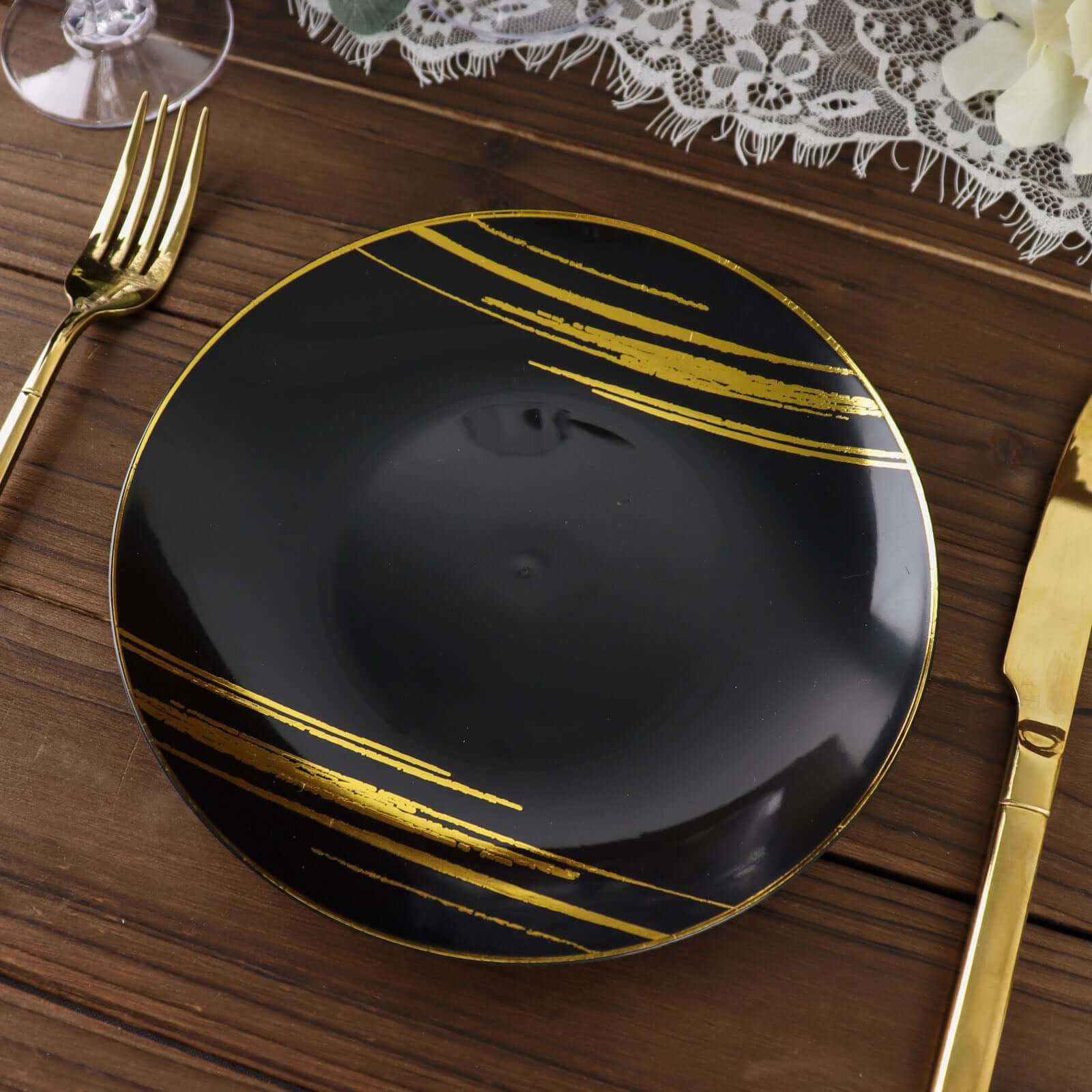 10-Pack Plastic 7 Round Dessert Plates in Black with Gold Brush Stroked Print - Disposable Appetizer Salad Plates for Modern Themed Events & Banquets