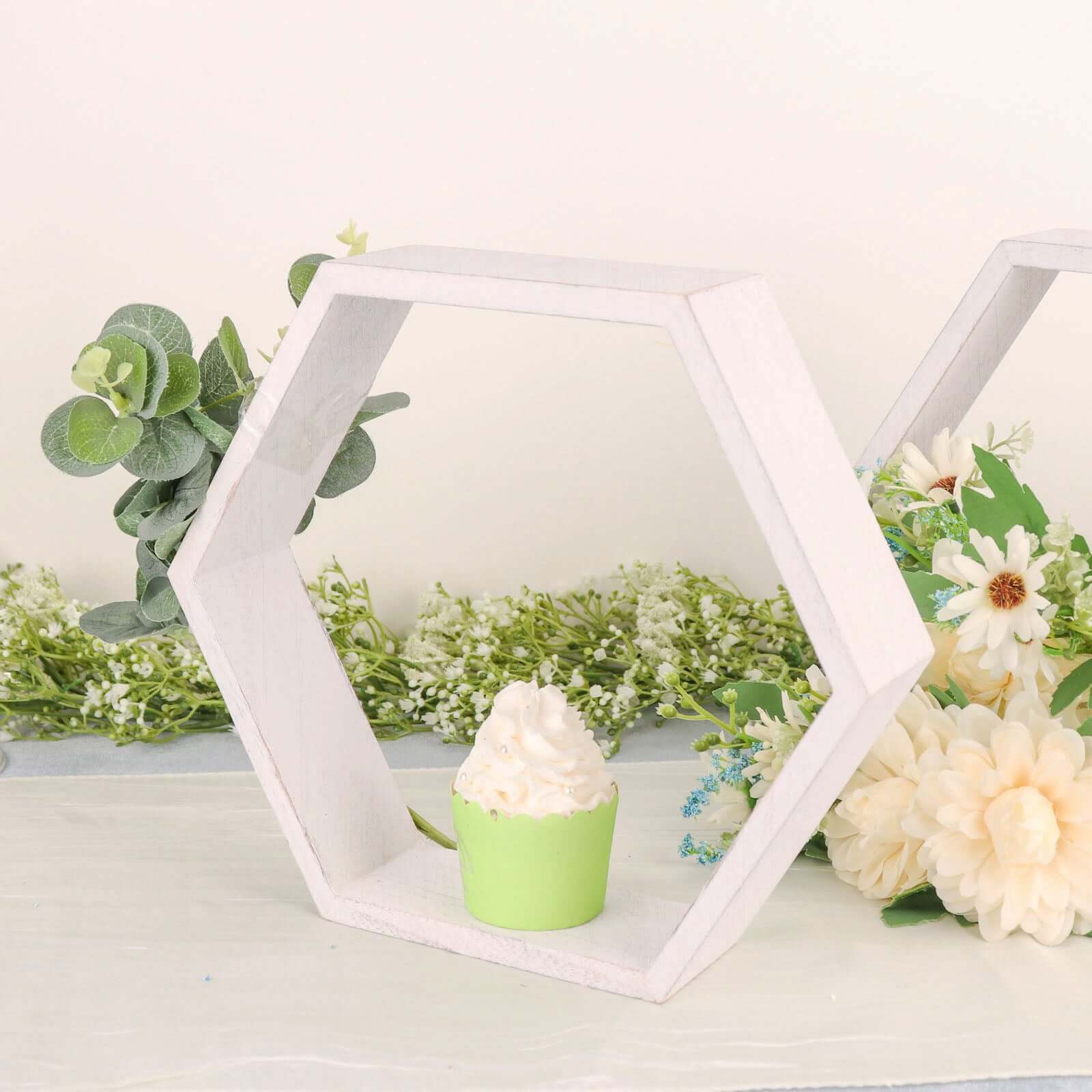 2 Pack 9 Hexagon Whitewashed Wood Centerpiece, Geometric Terrarium, Honeycomb Storage Shelf