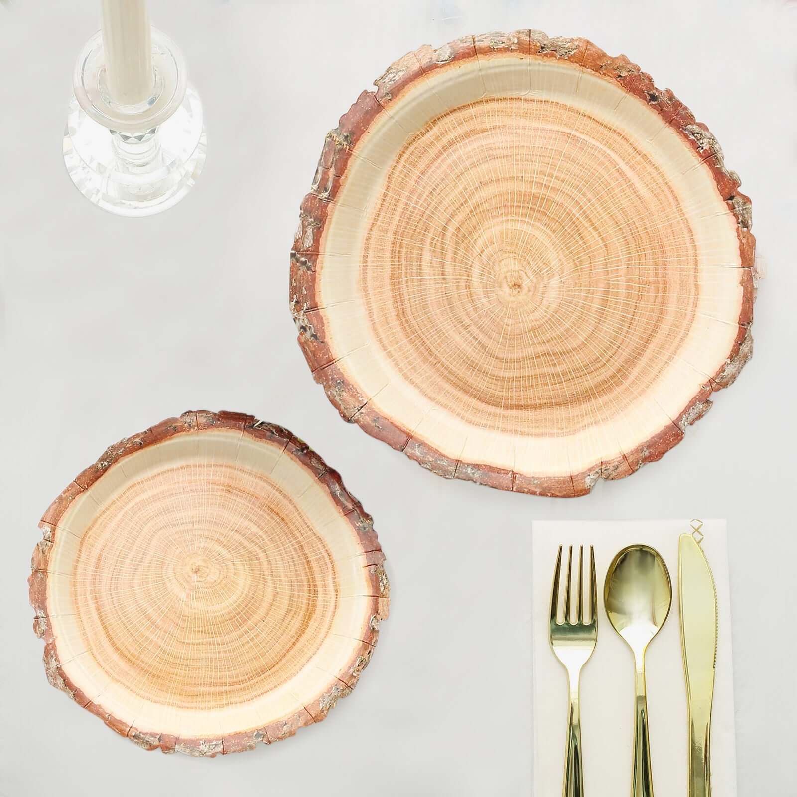 25-Pack Paper 10 Round Dinner Plates in Natural Wood Slice Print - Rustic & Nature-Inspired Disposable Party Plates