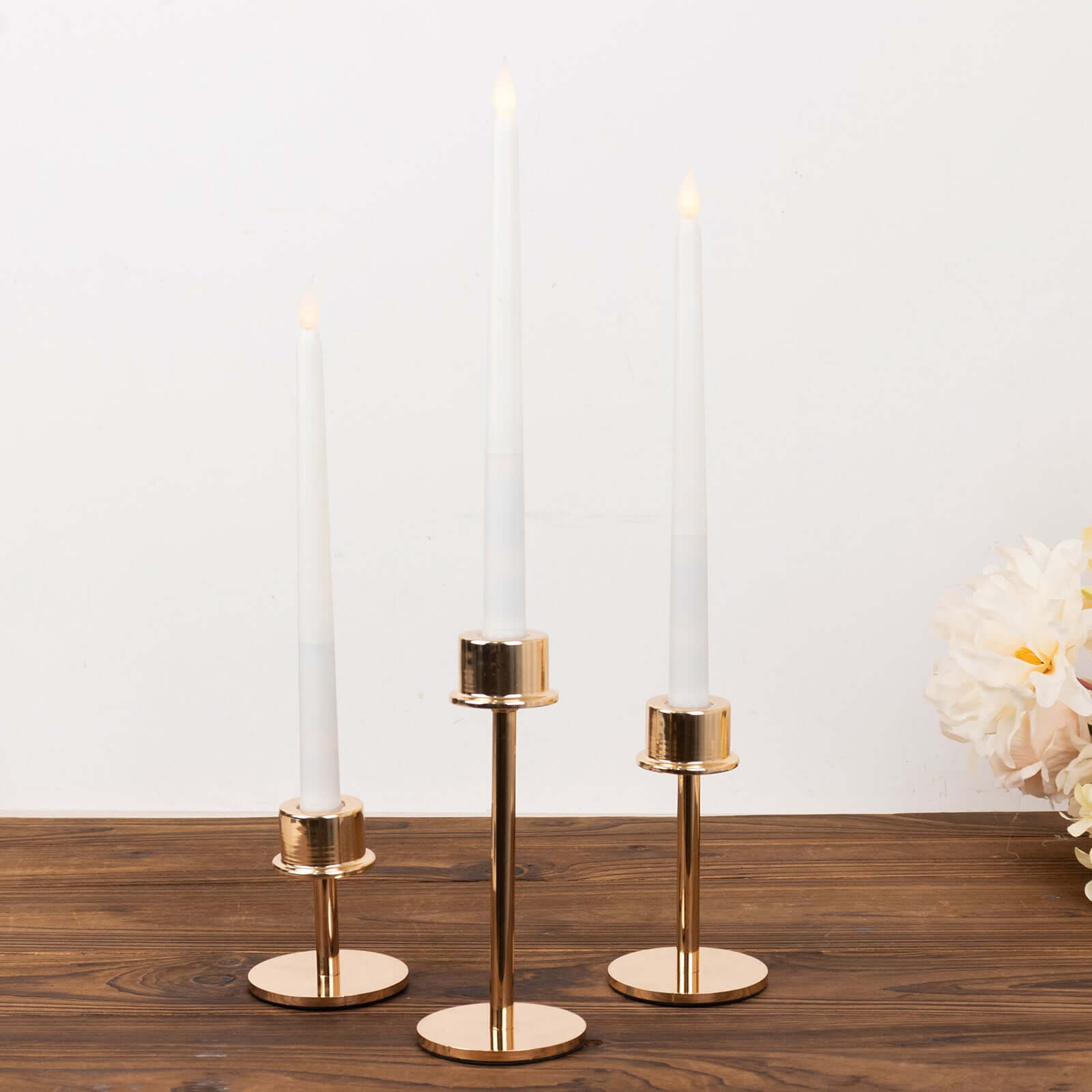 Set of 3 Metal Taper Candlestick Holders Gold with Round Base - Hurricane Candle Stands 3.5, 5.5, 8