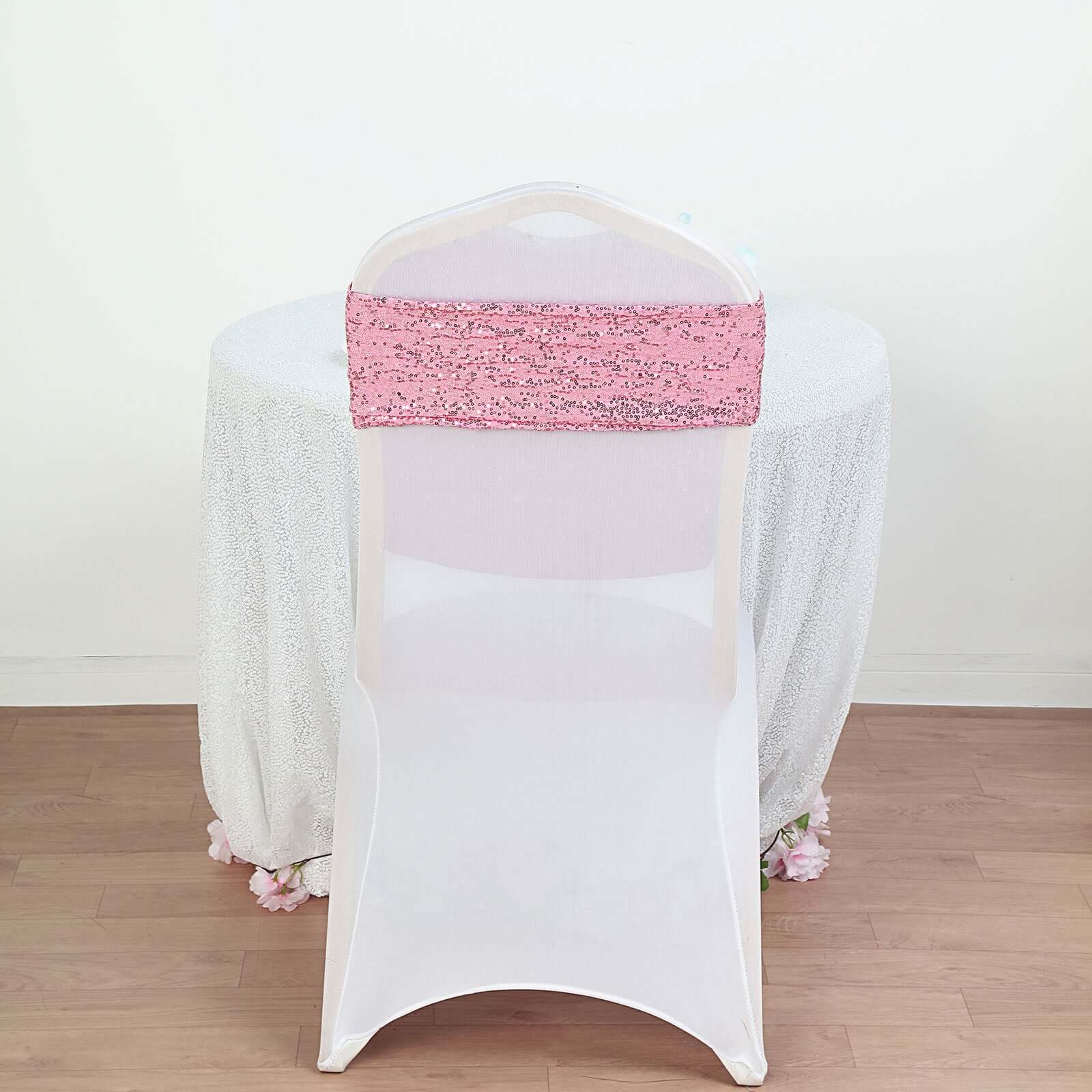 5 Pack Sequin Spandex Chair Sashes Pink - Stretch Chair Bands 6x15