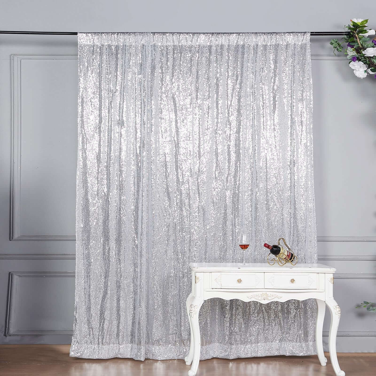 8ftx8ft Silver Sequin Event Curtain Drapes, Backdrop Event Panel