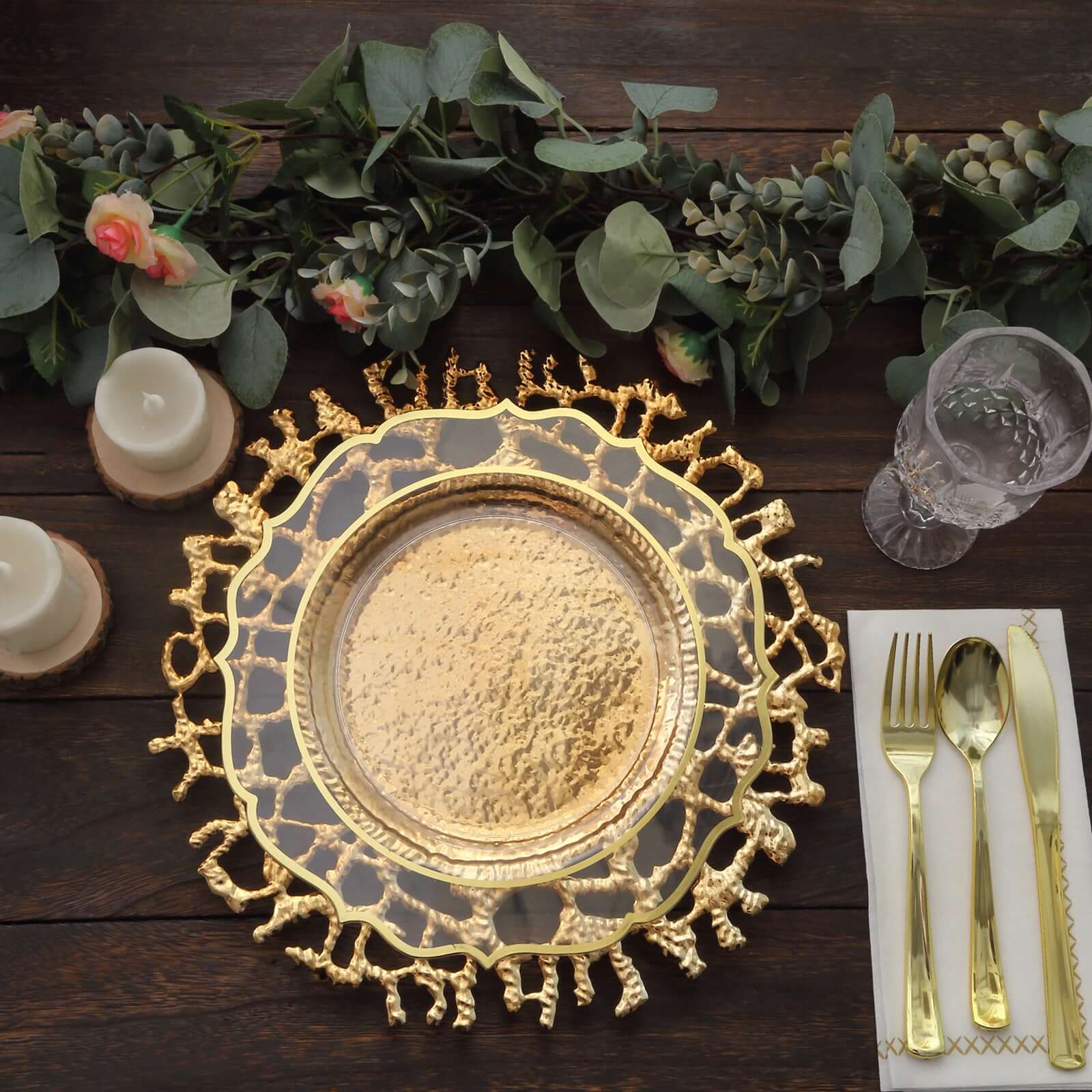 6-Pack Acrylic Round Charger Plates 13 in Gold with Molten Branch Design, Plastic Hollow Lace Decorative Dinner Party Charger Tableware