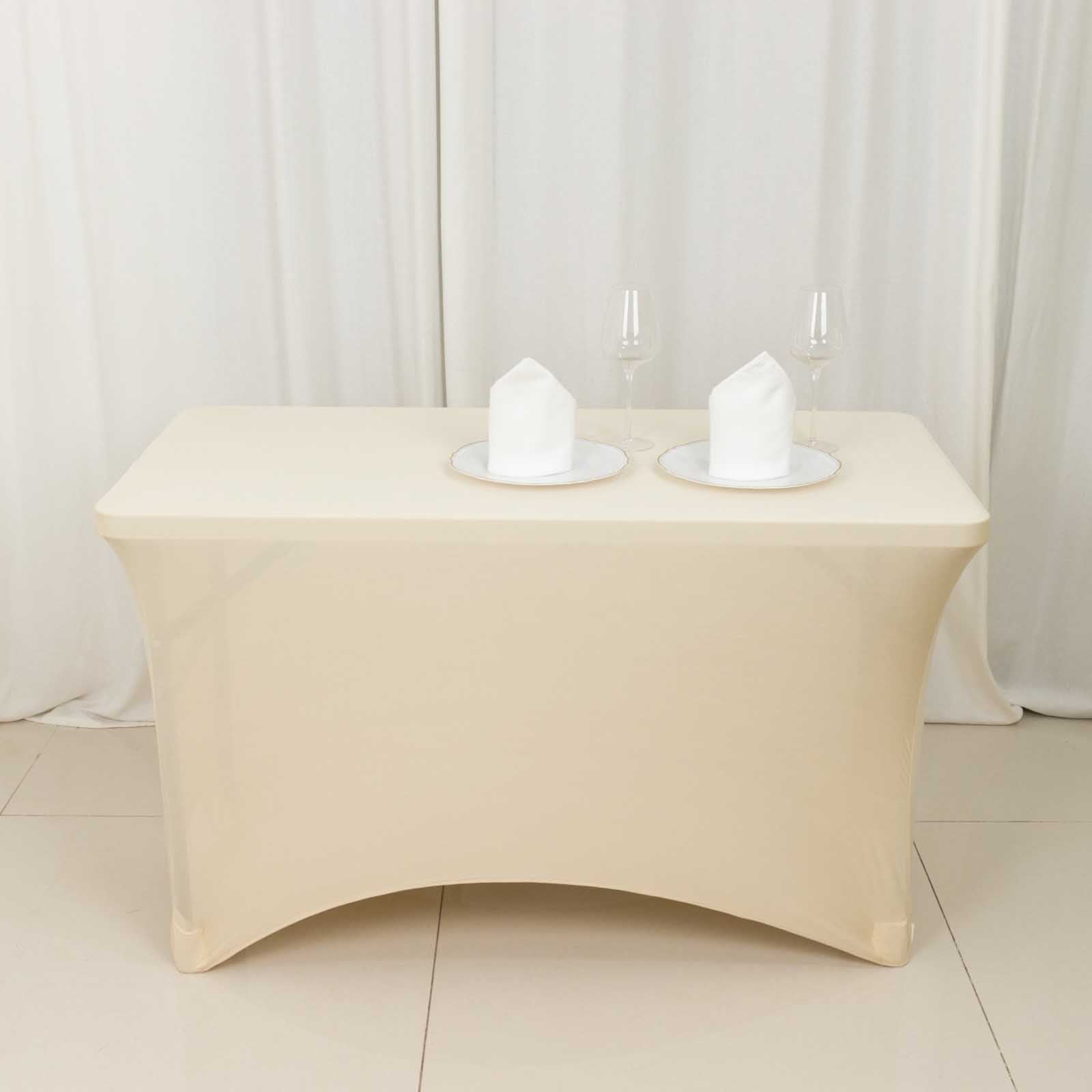 Stretch Spandex 48x30 Rectangle Tablecloth Beige - Durable Form-Fitting Table Cover