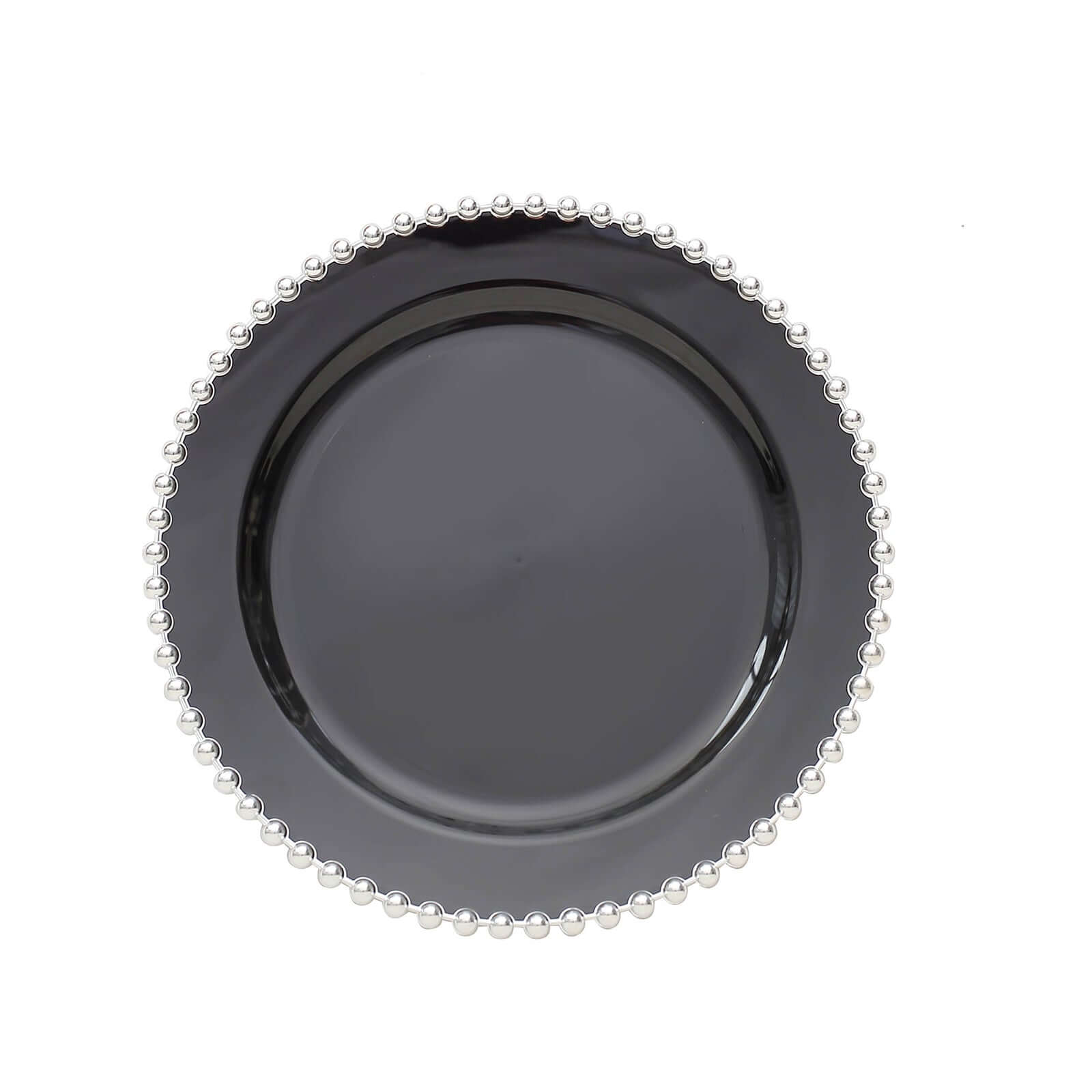 10-Pack Plastic 8 Round Appetizer Dessert Plates in Black with Silver Beaded Rim - Disposable Salad Plates