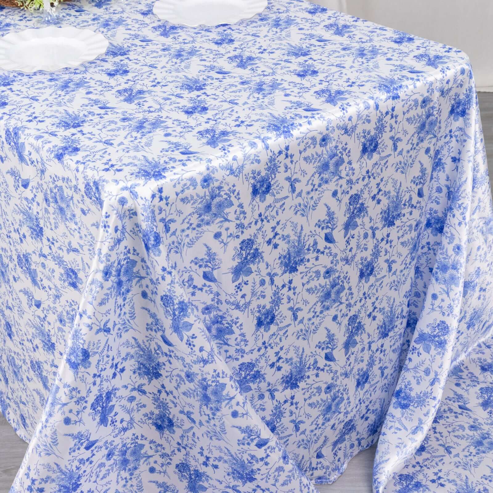 Satin Round 90x132 Tablecloth White/Blue French Toile Design - Seamless Stylish & Wrinkle-Resistant Table Cover