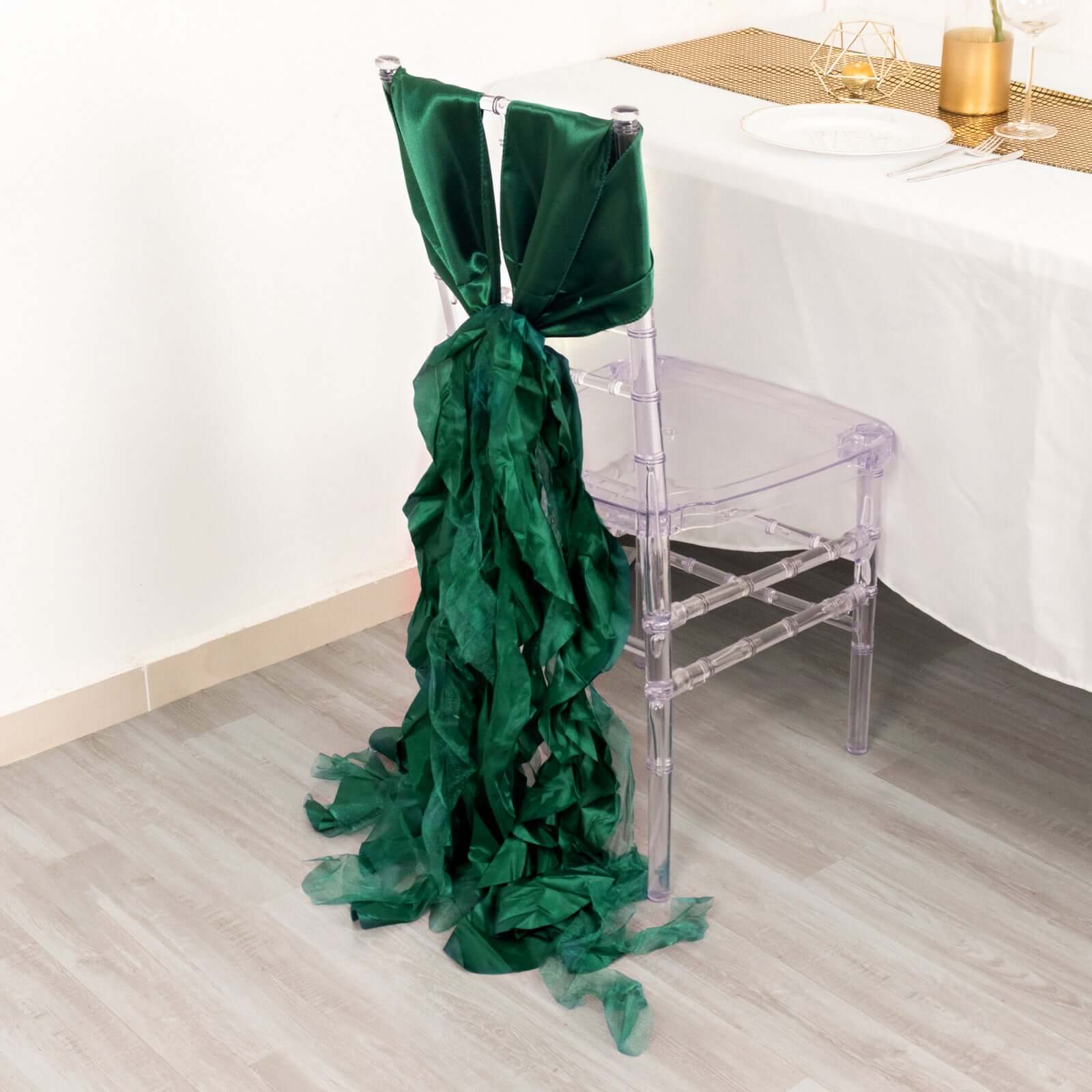 5 Pack Chiffon Satin Chair Sashes Hunter Emerald Green - Easy to Install Ruffled Curly Willow