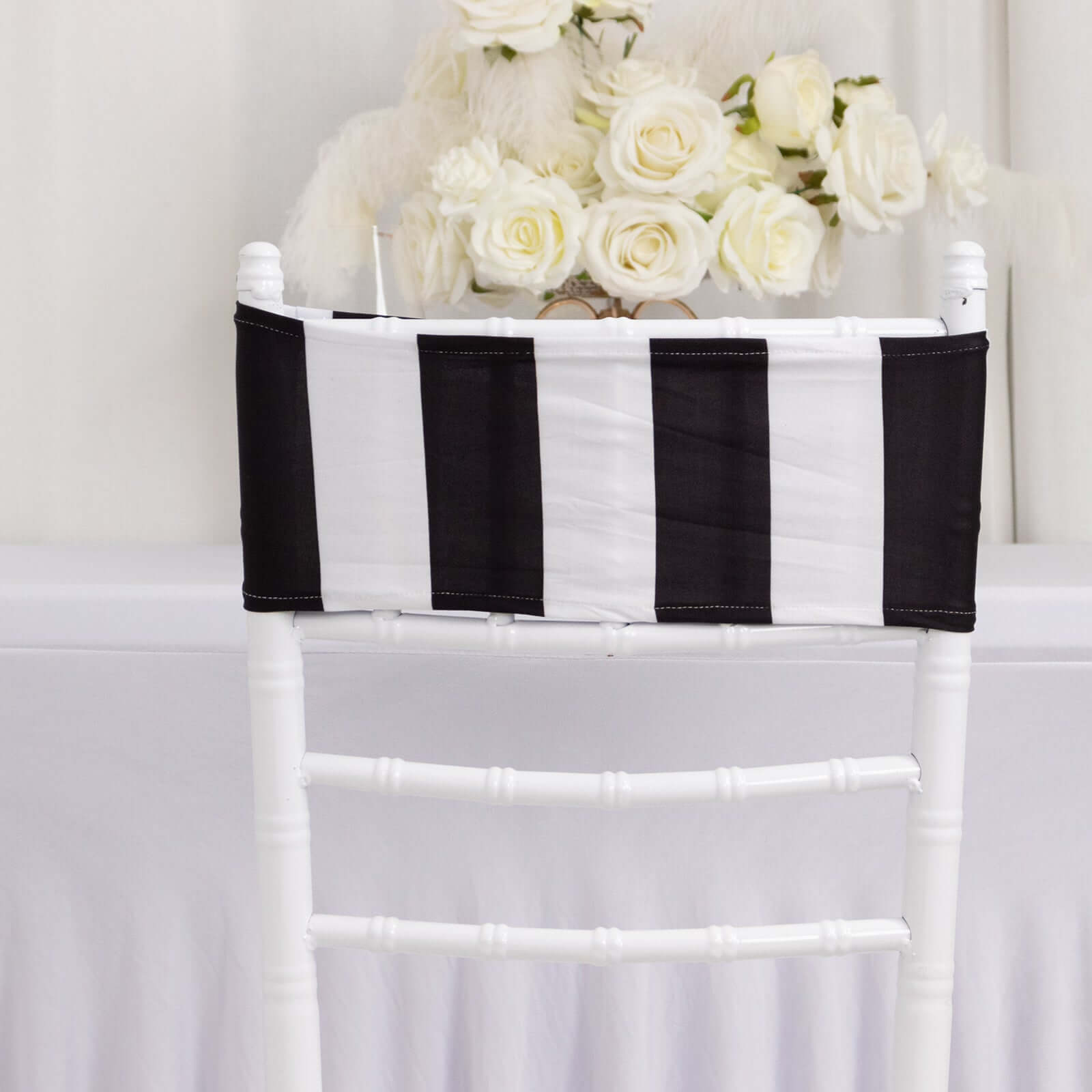 5 Pack Spandex Chair Sashes Black/White Vertical Stripes - Easy to Use & Wrinkle-Free Stretch Chair Bands for Stunning Tablescapes 5x14