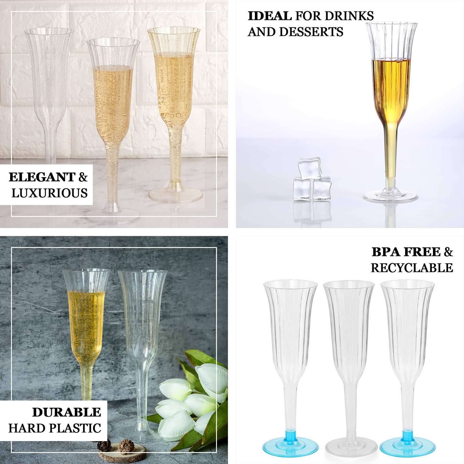 12-Pack Plastic Champagne Flutes Clear/Gold Glitter Flared Design - Lightweight Disposable Toasting Glasses 6oz