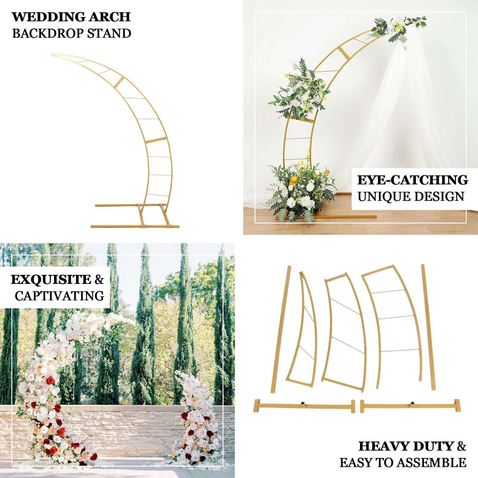 6.5ft Gold Metal Half Crescent Moon Wedding Arbor Frame, Curved Design Arch Flower Balloon Stand