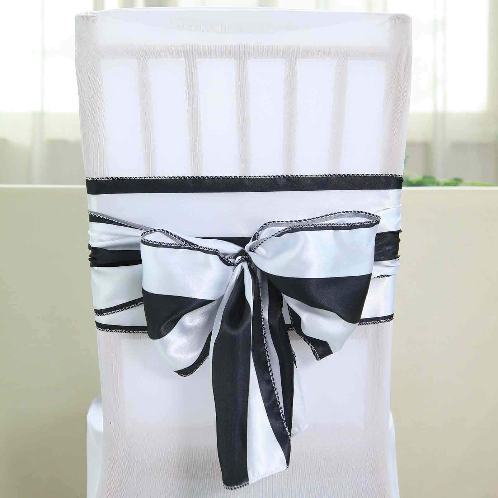 5 Pack Satin 6x108 Chair Sashes Black/White Stripes - Sophisticated Decor for Weddings & Gatherings