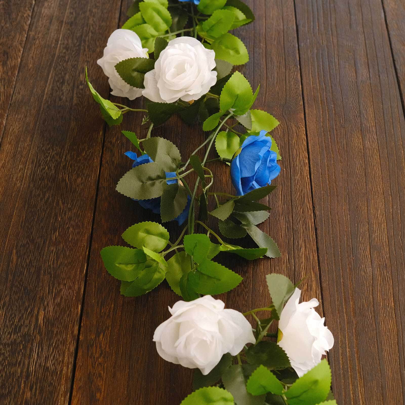 2 Pack 7ft White Royal Blue Artificial Silk Flower Garland Mini Rose Vines with 26 Flower Heads