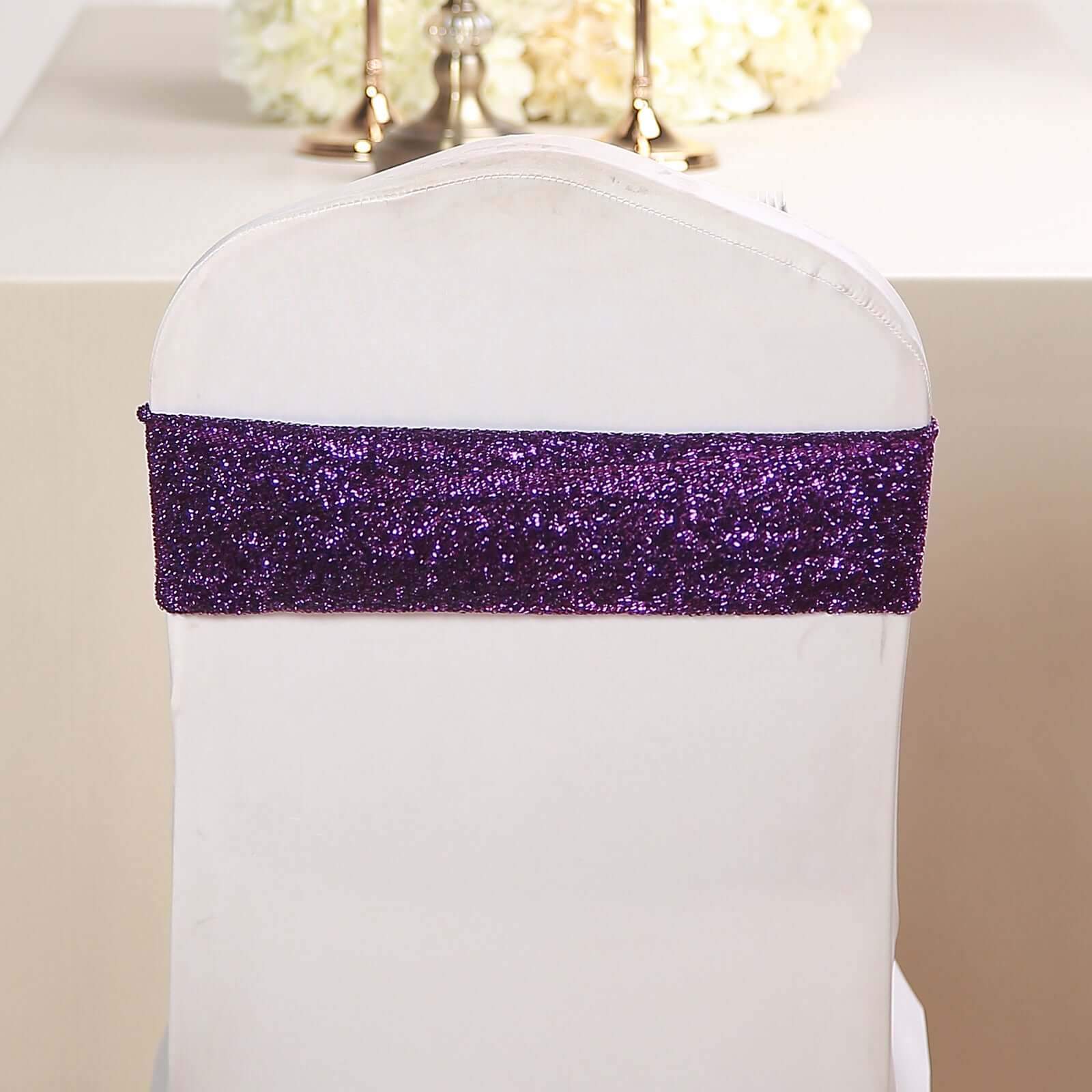 5 Pack Metallic Shimmer Tinsel Spandex Chair Sashes Purple - Durable and Reusable Stretch Chair Bands