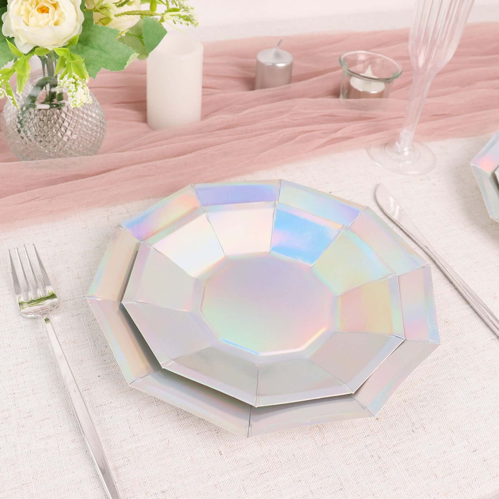 25-Pack Paper 9 Decagon Dinner Plates in Iridescent - Disposable Geometric Party Plates for Disco & Space Themed Events